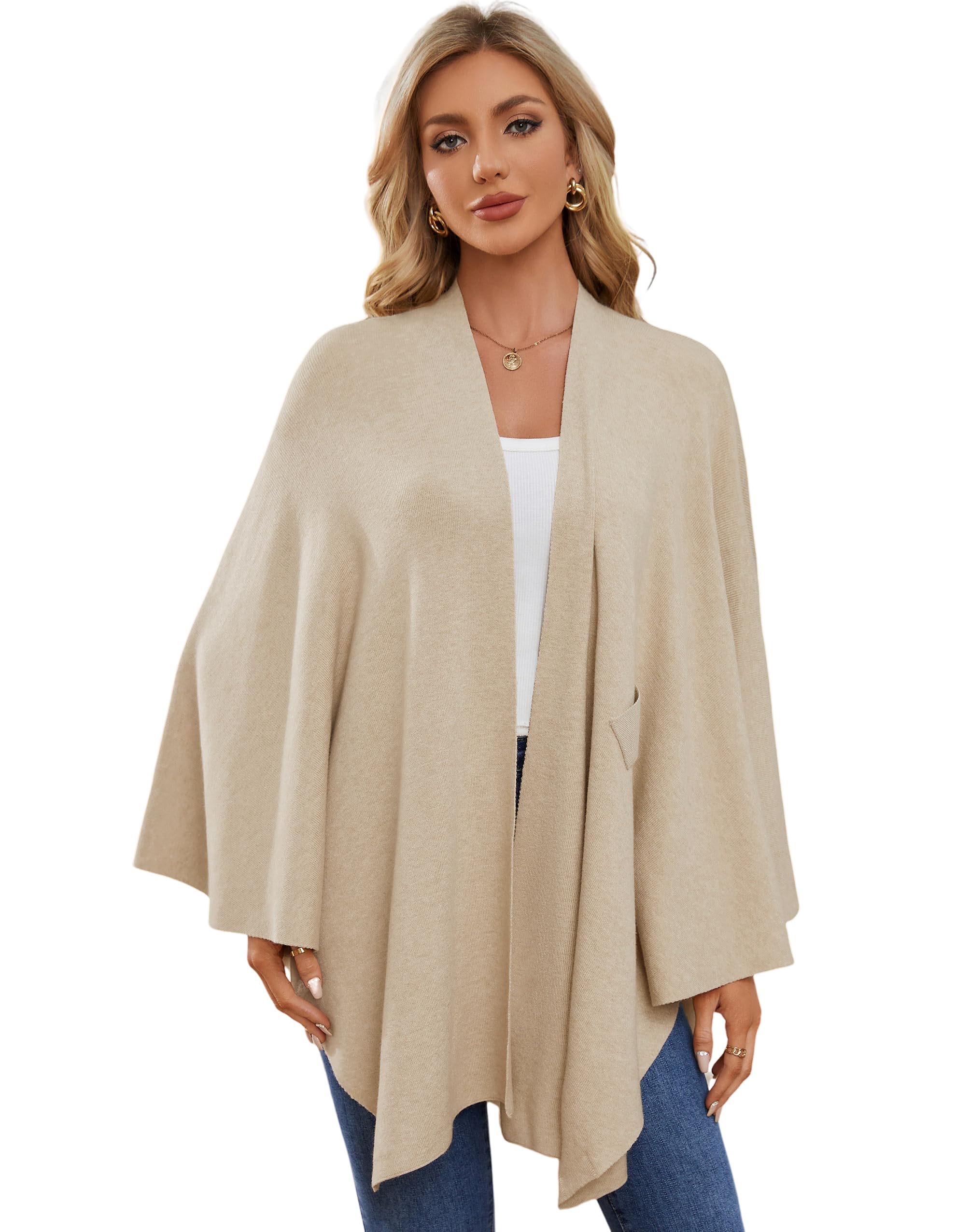 PULI Women's Elegant Shawl Wraps Soft Open Front Poncho Sweater for Spring Fall Winter Barley Twist