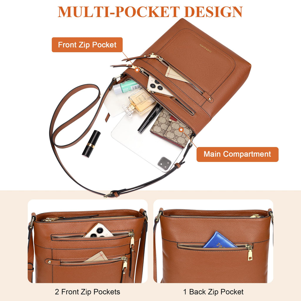 Over Earth Leather Crossbody Bags for Women Medium Shoulder Purse Multi Pocket Shoulder Handbag with Adjustable Strap(O199E Brown)