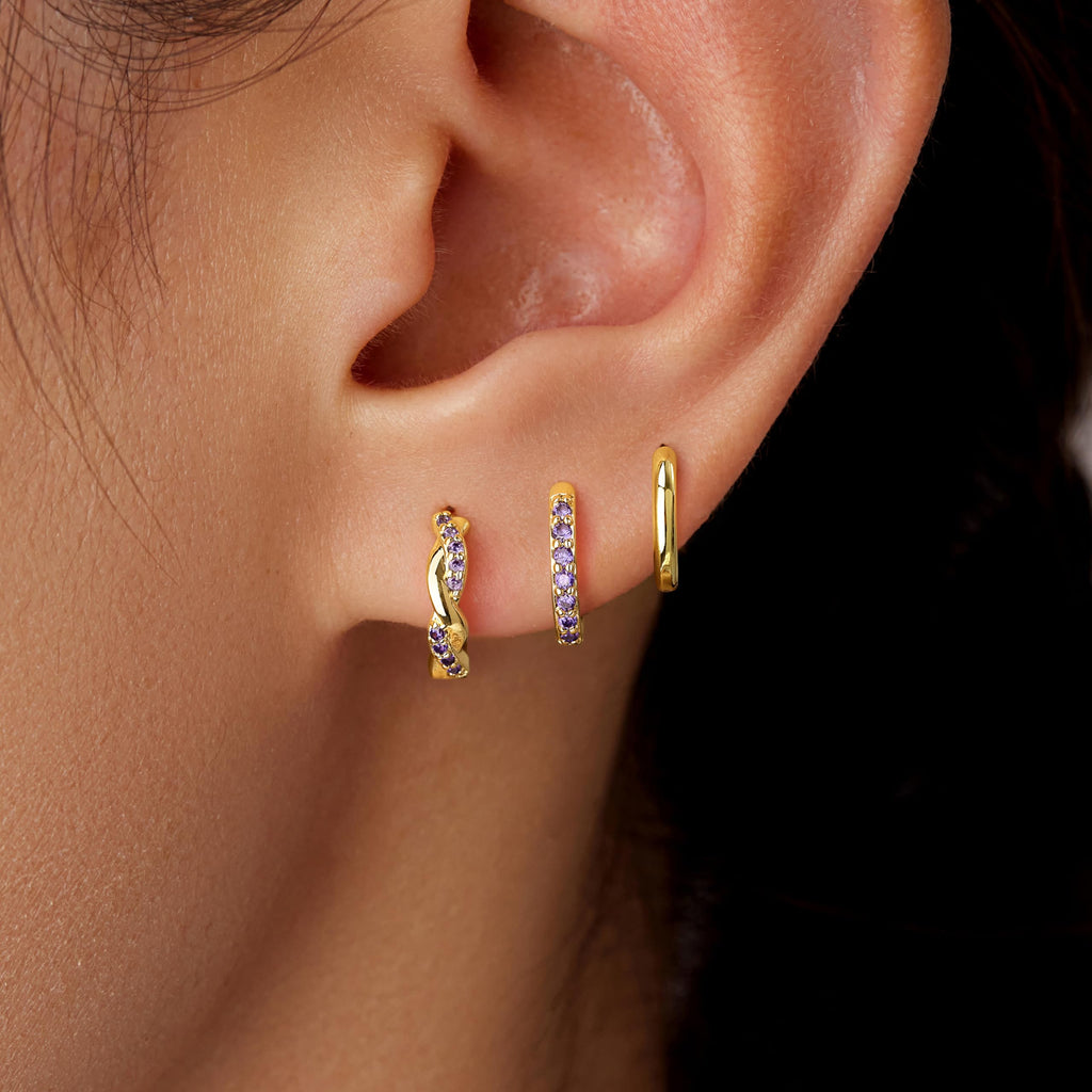 Inerney Gold Amethyst Huggie Hoop Earrings Set for Women, Dainty 14K Small Purple Earring Hypoallergenic Jewelry for Multiple Piercings, Trendy Twisted Cute Cartilage Hoops February Birthstone Gift