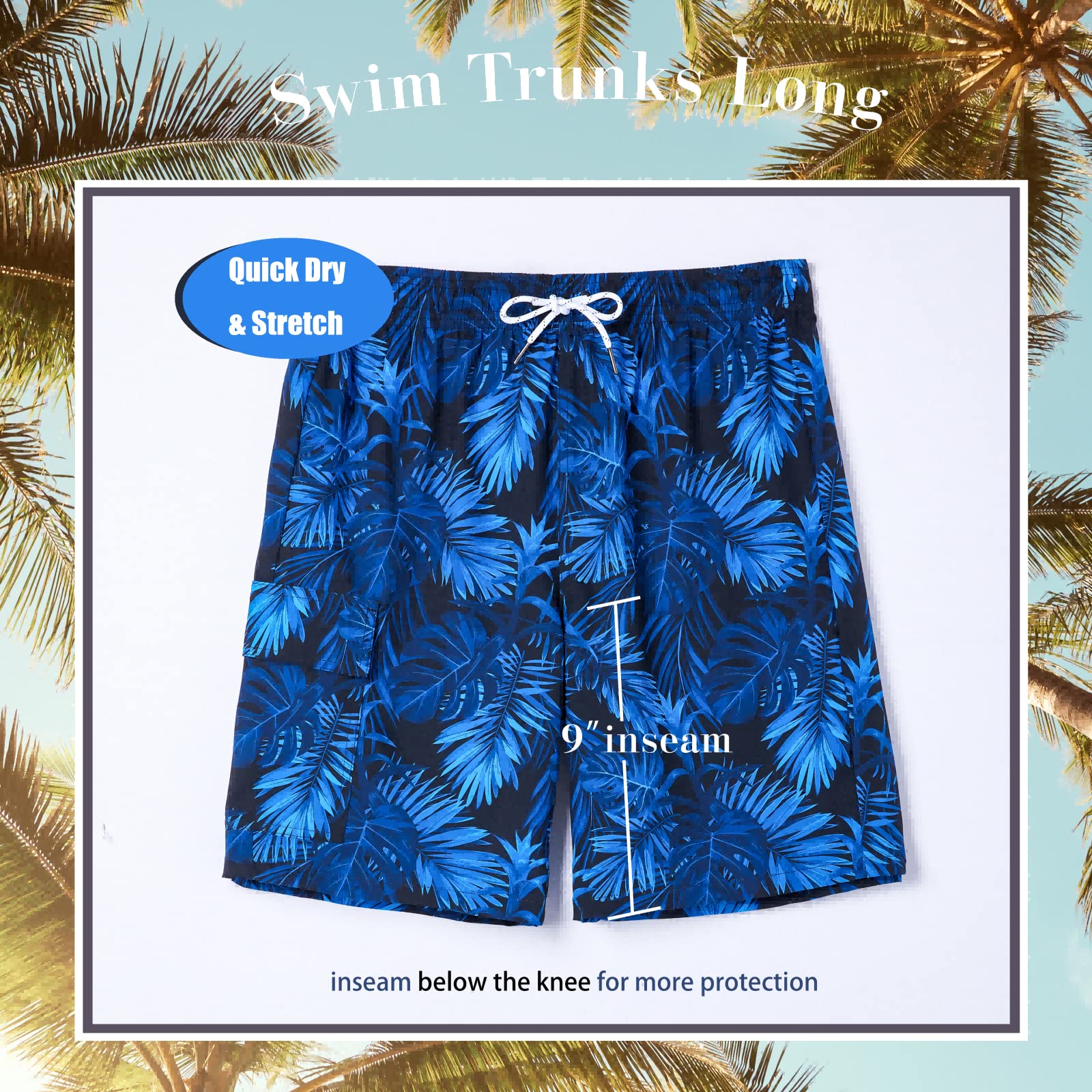 BRISIRA Mens Swim Trunks Bathing Suit 9 Inch Inseam Compression Liner Beach Long Board Shorts Swimsuit Anti-Chafe Quick Dry