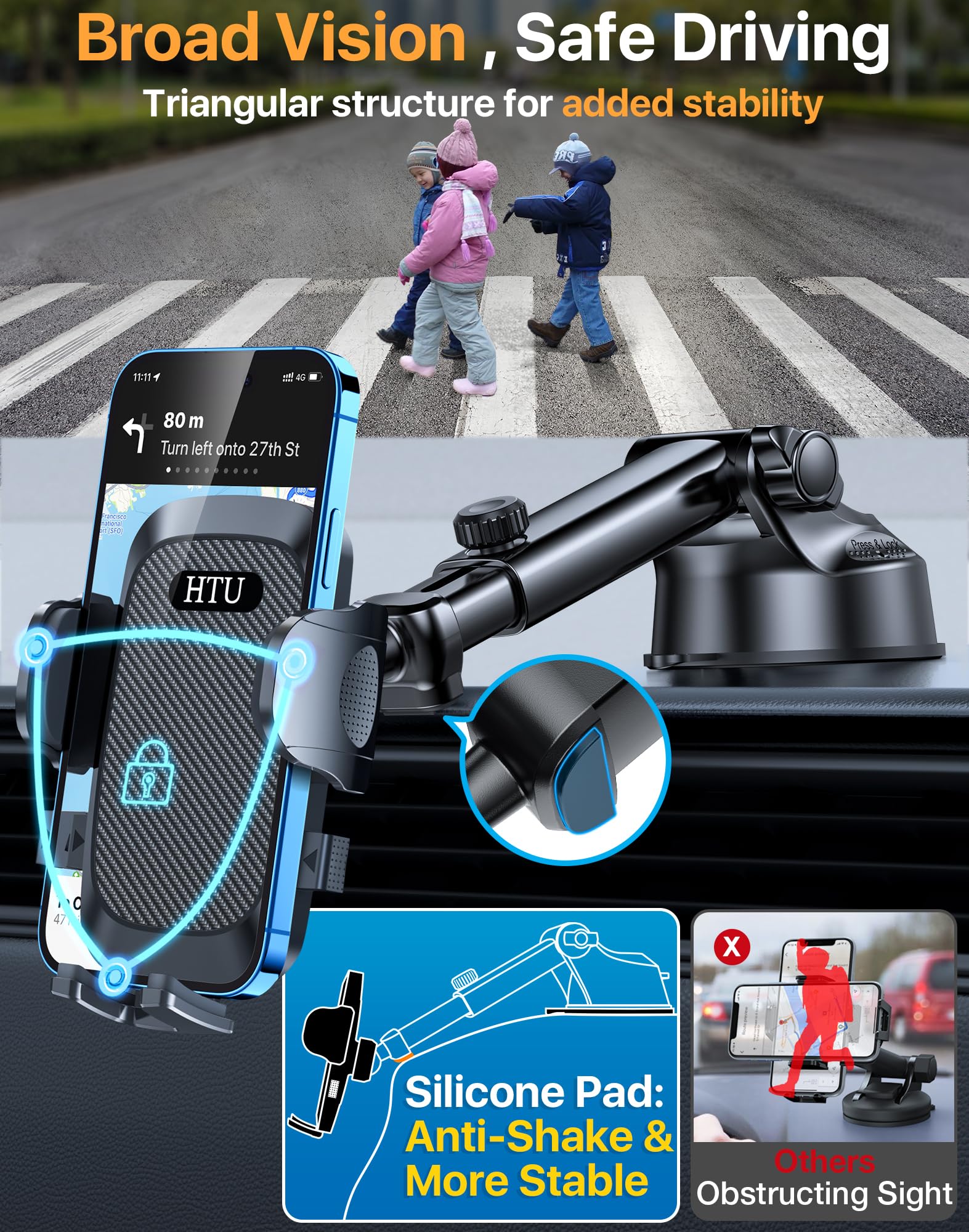 HTU 2026 Upgraded [True Military-Grade] Car Phone Holder【Safety Certs & No Smell】 Cell Phone Holder for Car Mount for Dashboard Windshield Air Vent Long Arm Thick Case,Black
