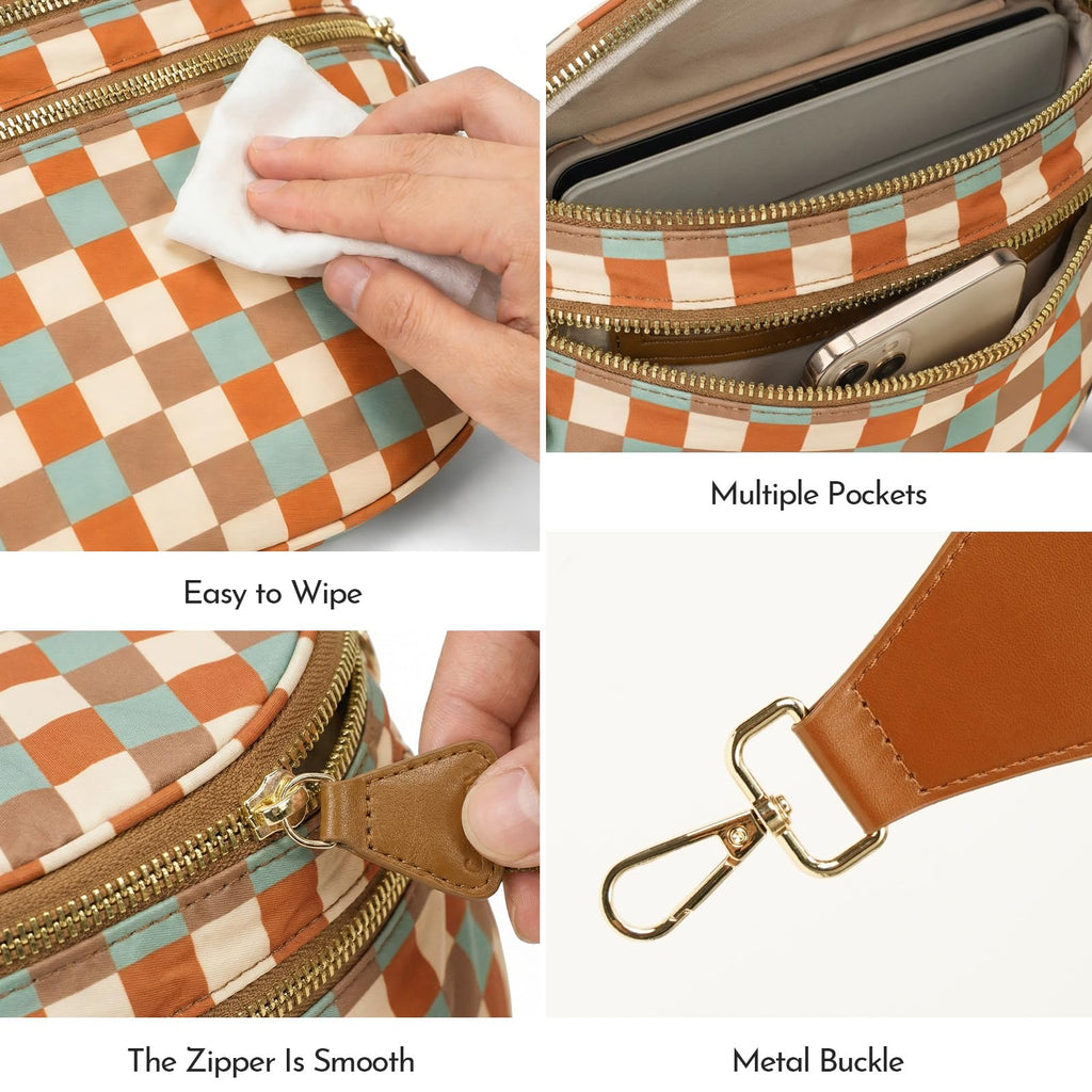 Jooniter Checkered Crossbody Bag Nylon Bum Bags for Women Spacious Handbags Purse Fanny Packs with Shoulder Strap (Multicolor Checkered)