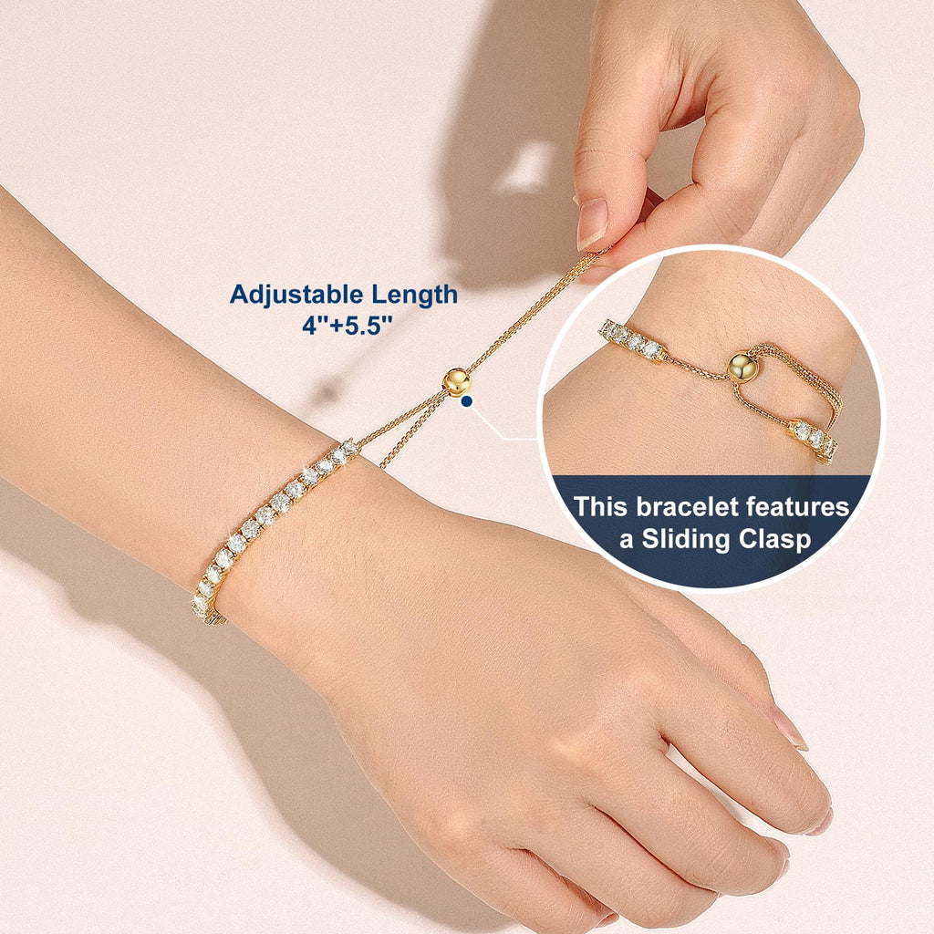 Moissanite Tennis Bracelet, 8.69 Carats Adjustable Bracelet for Women 18K Yellow Gold Plated S925 Sterling Silver Tennis Bracelet D Color VVS1 Round Cut 4MM Moissanite Bracelet Non Tarnish Bracelets