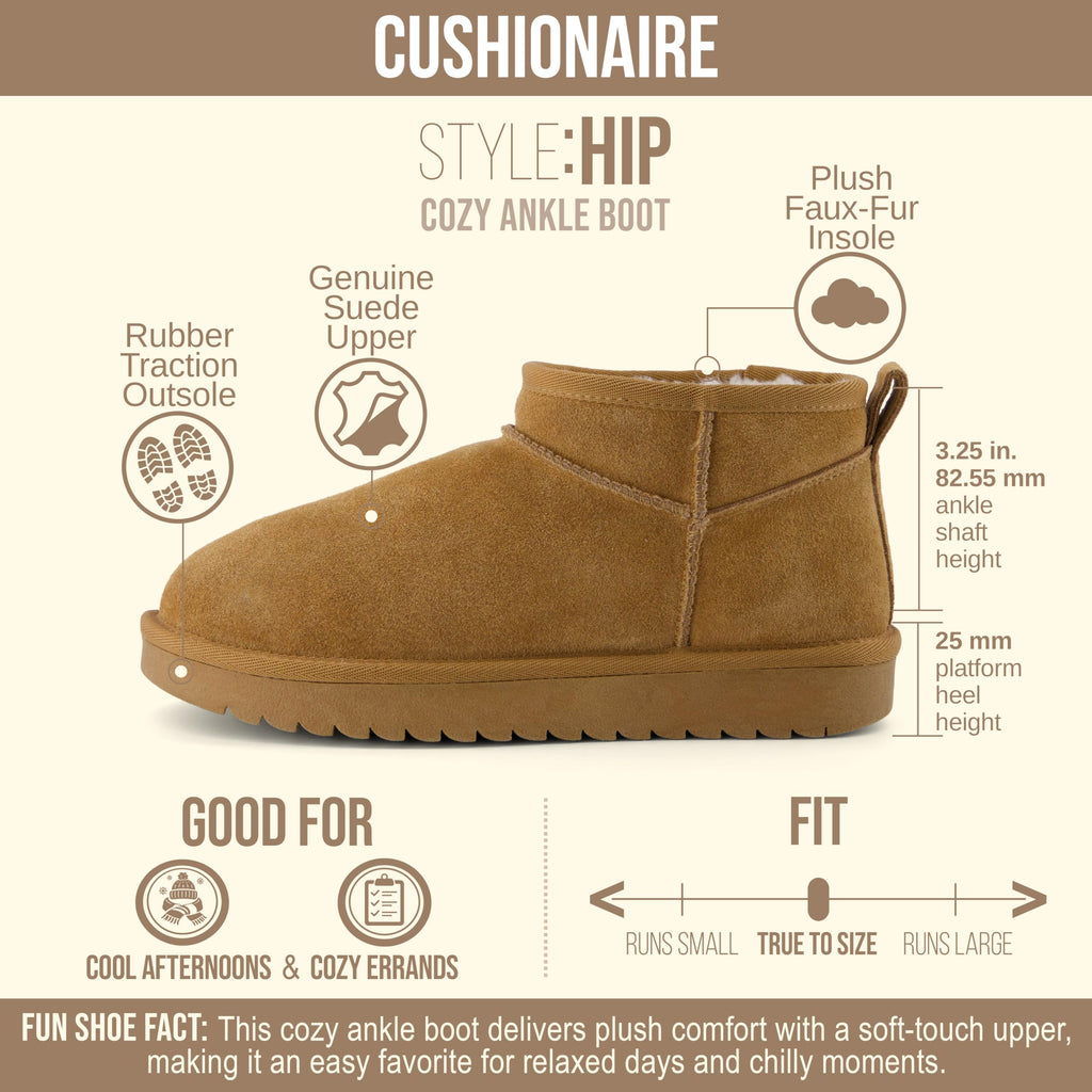 CUSHIONAIRE Hip 2 Genuine Suede Ankle Boots for Women, Cozy Faux Shearling Lining Pull On Winter Womens Boots, CHESTNUT 8.5