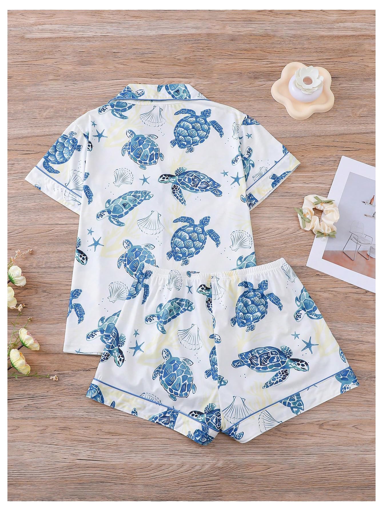 WDIRARA Women's 2 Piece Sea Turtle Graphic Pajama Set Button Down Short Sleeve Shorts Loungewear Pjs Sets White and Blue Large