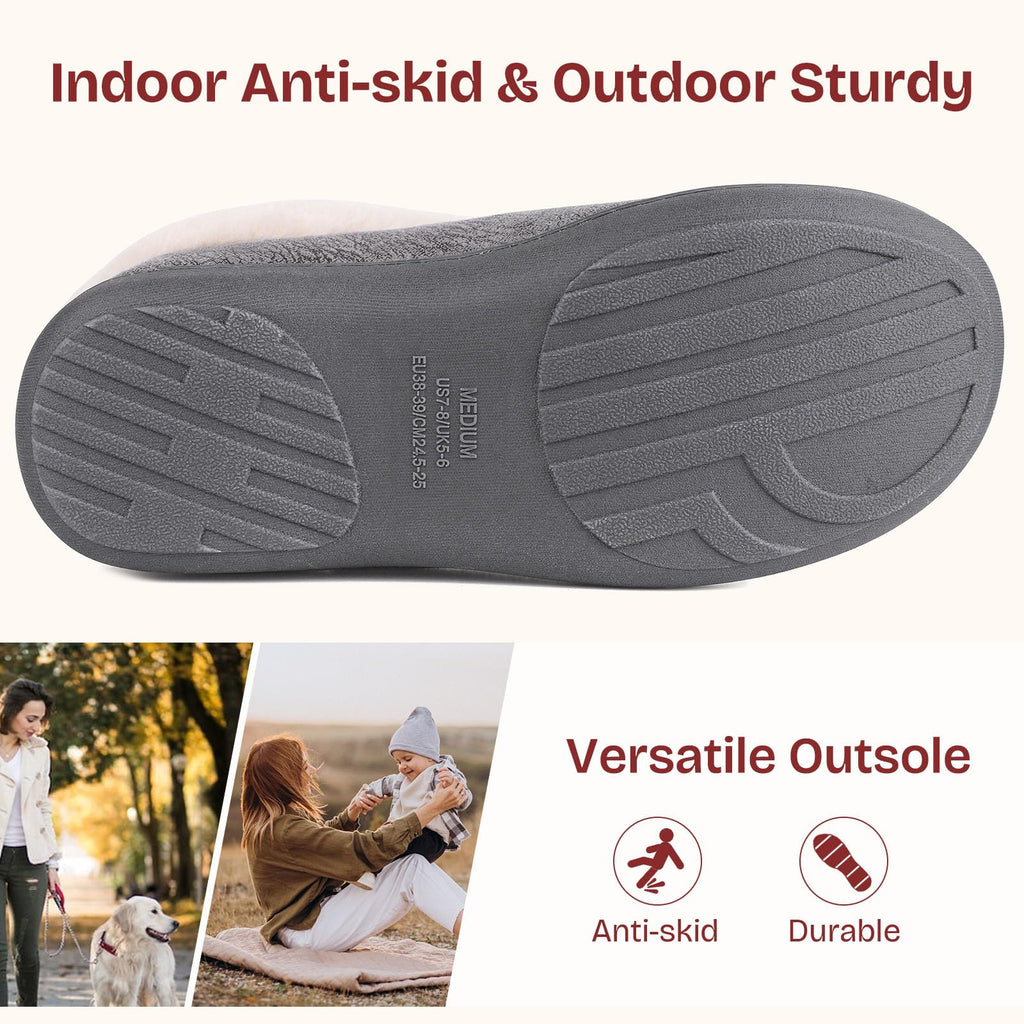 EverFoams Women's Microsuede Cozy Memory Foam Winter Slippers with Fuzzy Faux Fur Collar and Indoor Outdoor Rubber Sole (Gray, Size 9-10 M US)