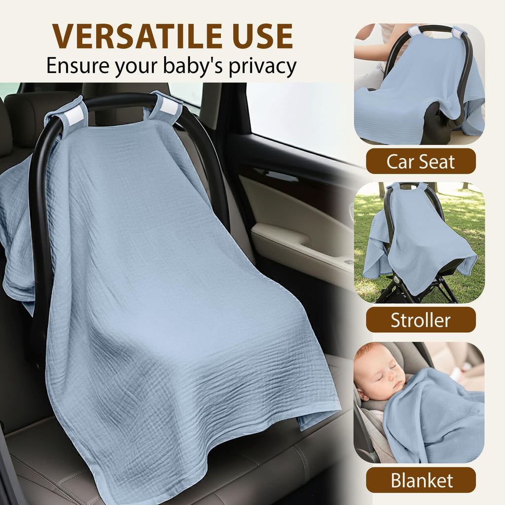 infancie 100% Organic Muslin Cotton Car Seat Cover 35 x 50 Inches Soft Touch Breathable Canopy, Protective Car Seat Cover Baby All Seasons Lightweight Car Seat Cover Travel Comfort (Blue)