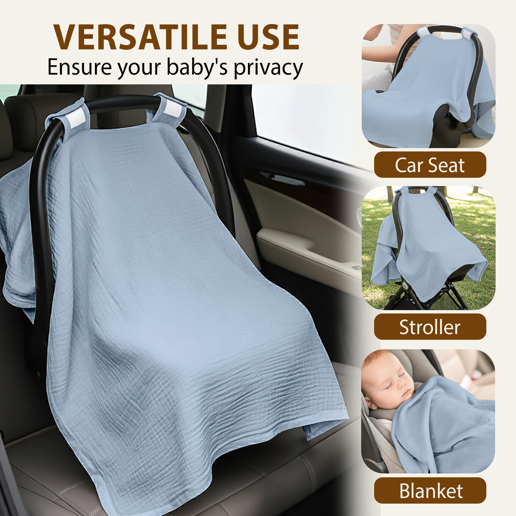 infancie 100% Organic Muslin Cotton Car Seat Cover 35 x 50 Inches Soft Touch Breathable Canopy, Protective Car Seat Cover Baby All Seasons Lightweight Car Seat Cover Travel Comfort (Blue)