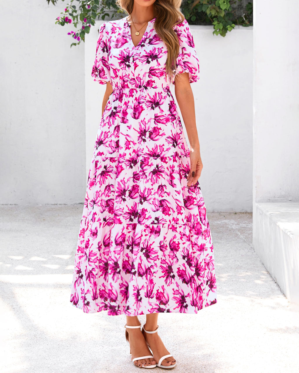 dowerme Womens Summer Dresses 2026 Casual Puff Short Sleeve V Neck Floral Boho Tiered Ruffle Maxi Dress with Pockets(White Purple Pink,Small)