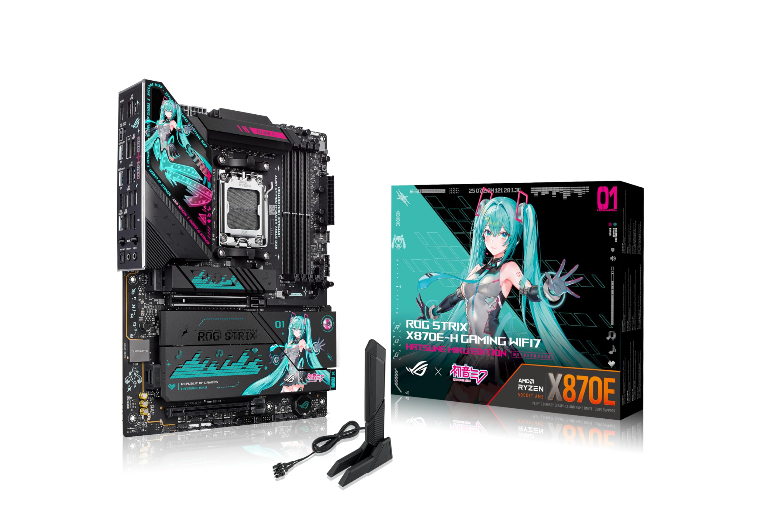 ASUS ROG Strix X870E-H Gaming WIFI7 Hatsune Miku Edition AMD X870E ATX Motherboard, 16+2+1 Power Stages, Dynamic OC Switcher, Core Flex, DDR5, 4X M.2, PCIe 5.0, Dual USB4 Ports, USB 10Gbps Type-C