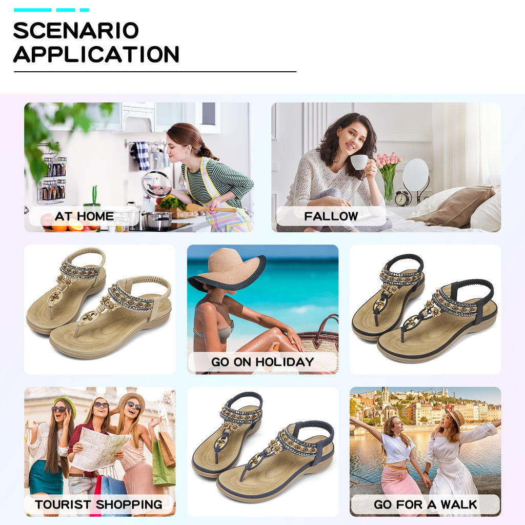 Littleplum Womens Sandals Arch Support Summer Beach Sandals Comfort Walking Shoes Bohemian Flip Flops Sandals for Women Blue Size 8.5