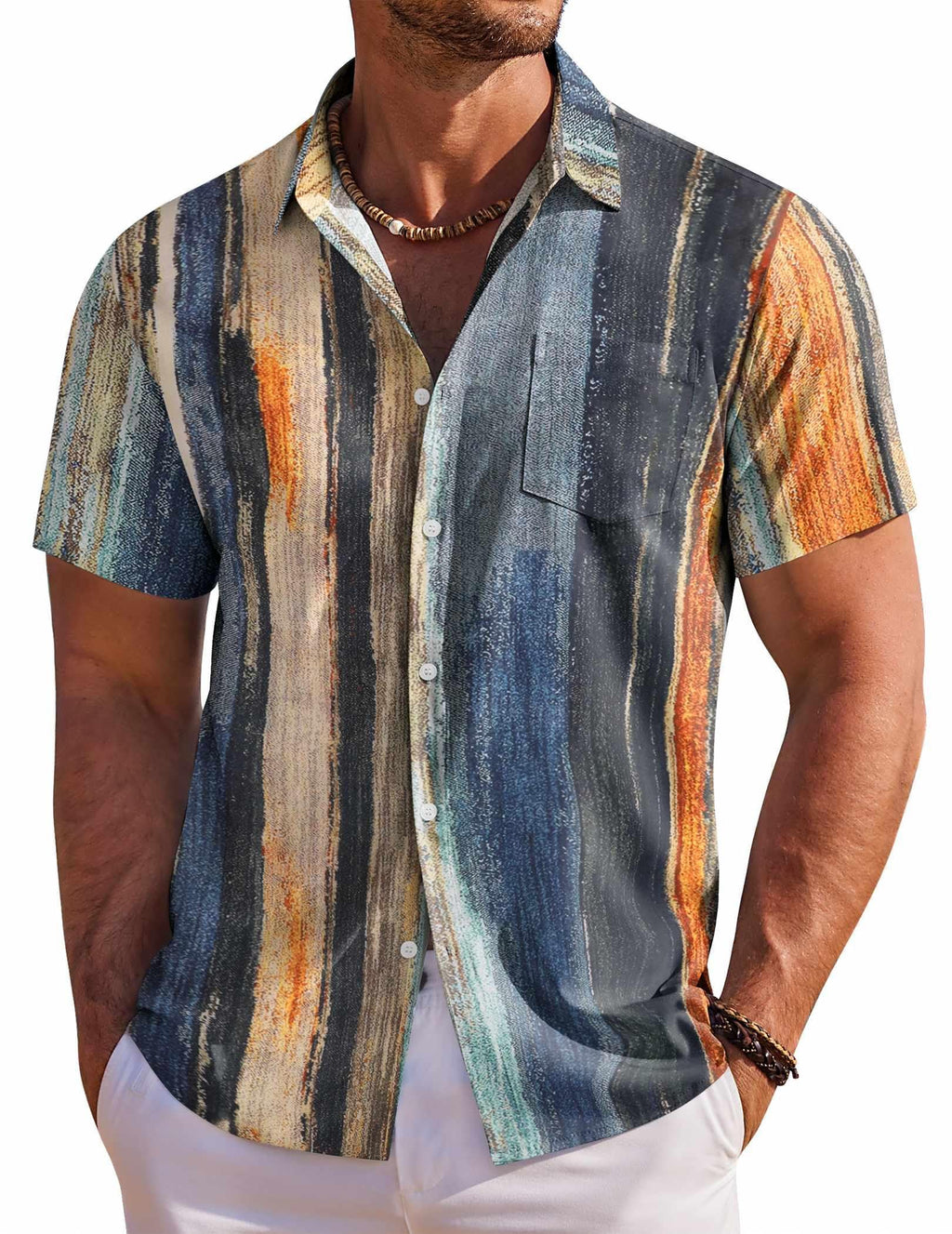 COOFANDY Mens Hawaiian Shirts Short Sleeve Button Down Shirts Casual Summer Shirts for Men, Striped - Oil Painting, Large