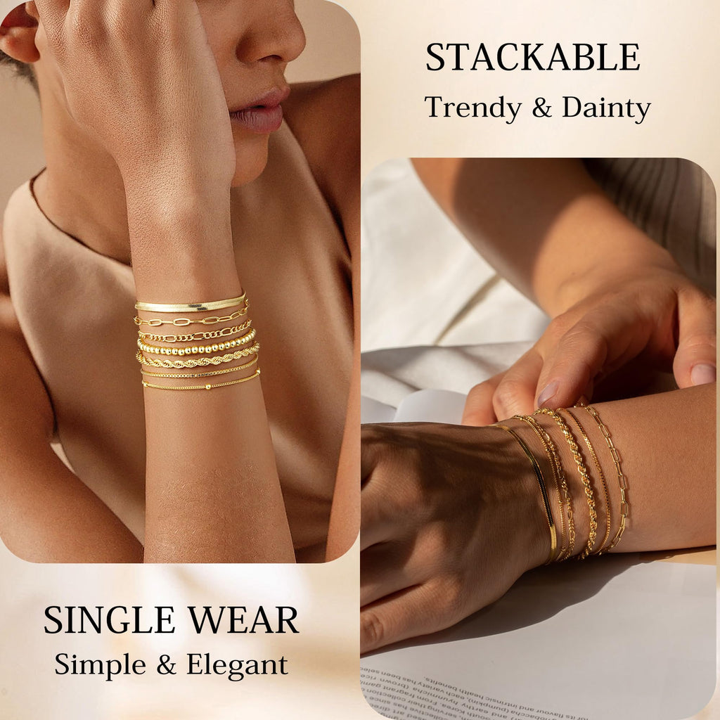 M MOOHAM Gold Bracelets for Women - Dainty 14K Gold Plated Layered Beaded Bracelet Stack Paperclip Snake Rope Figaro Box Satellite Chain Bracelets for Women Non Tarnish Jewelry Mothers Day Gifts