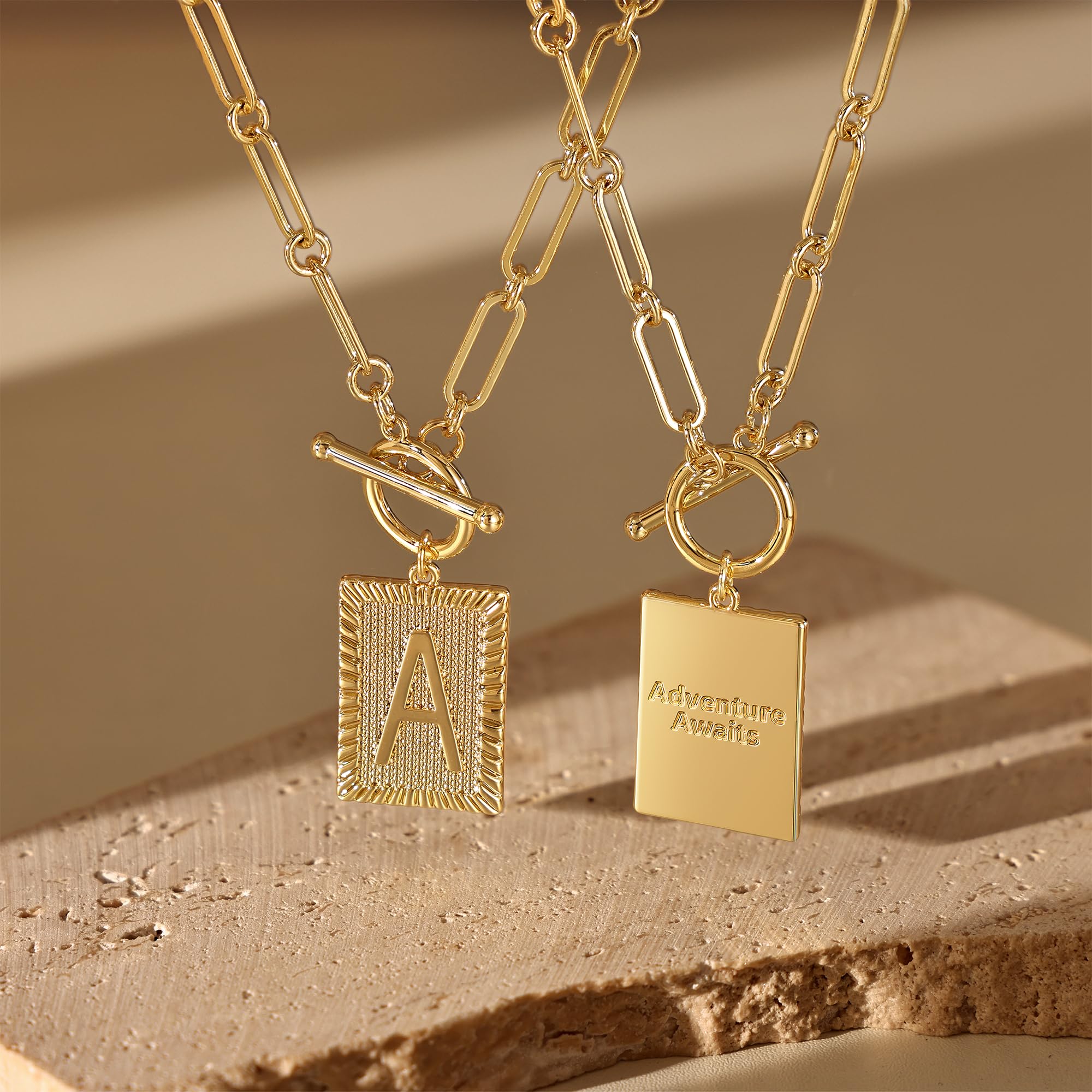 Tewiky Gold Initial Necklaces for Women, Toggle Clasp Square Letter Pendant Necklace Trendy 14K Gold Plated Dainty Paperclip Chain Necklaces for Women Jewelry Gifts