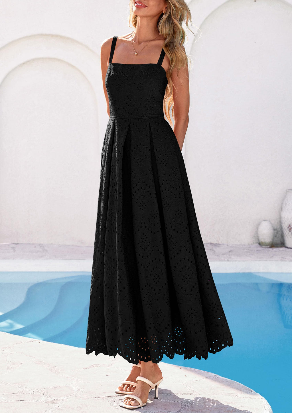 PRETTYGARDEN Womens Sleeveless Maxi Summer Dresses 2026 Hollow Out Eyelet Square Neck Ruffle Flowy Beach Vacation Sundress (Black,Small)