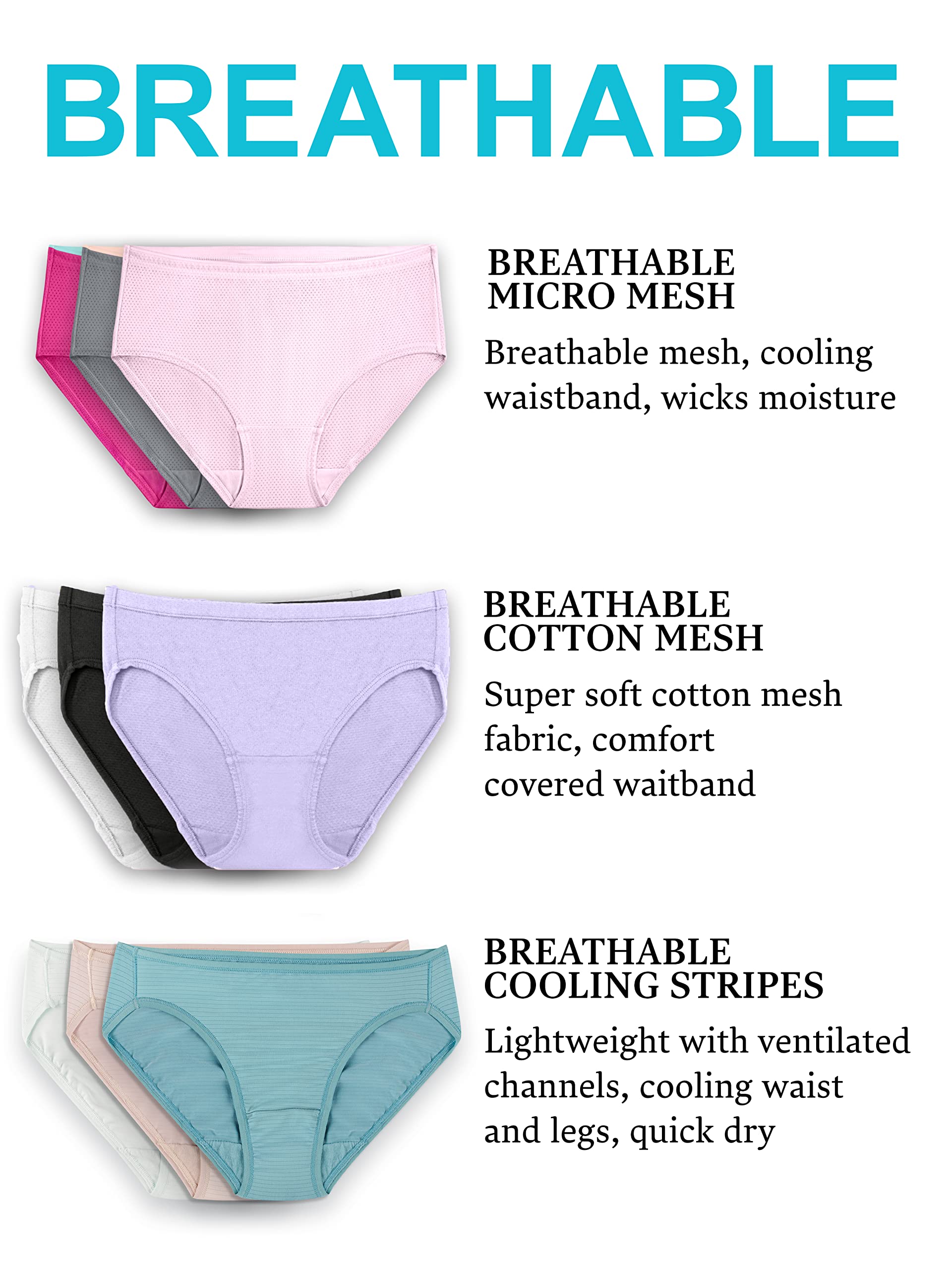 Fruit Of The Loom Womens Breathable Underwear, Moisture Wicking Keeps You Cool & Comfortable, Available In Plus Size Briefs, Micro Mesh - Low Rise Brief - 6 Pack - Colors May Vary, 8 US