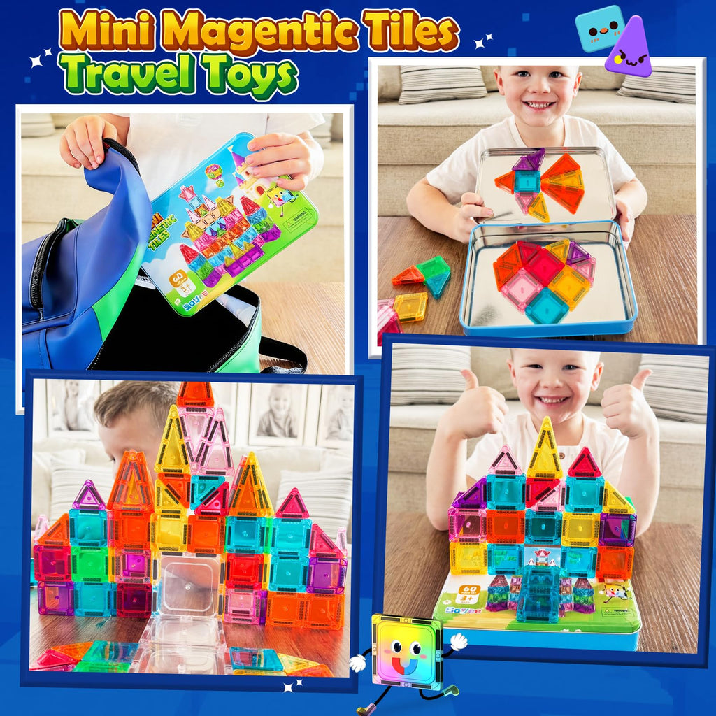 Soyee Mini Magnetic Tiles 60PCS Toddler Kids Toys Travel Set with Metal Tin Case, Portable STEM Building Blocks Kids Toy for 3 4 5 6 7 8 Year Old Boys & Girls, Educational Toddler Kids
