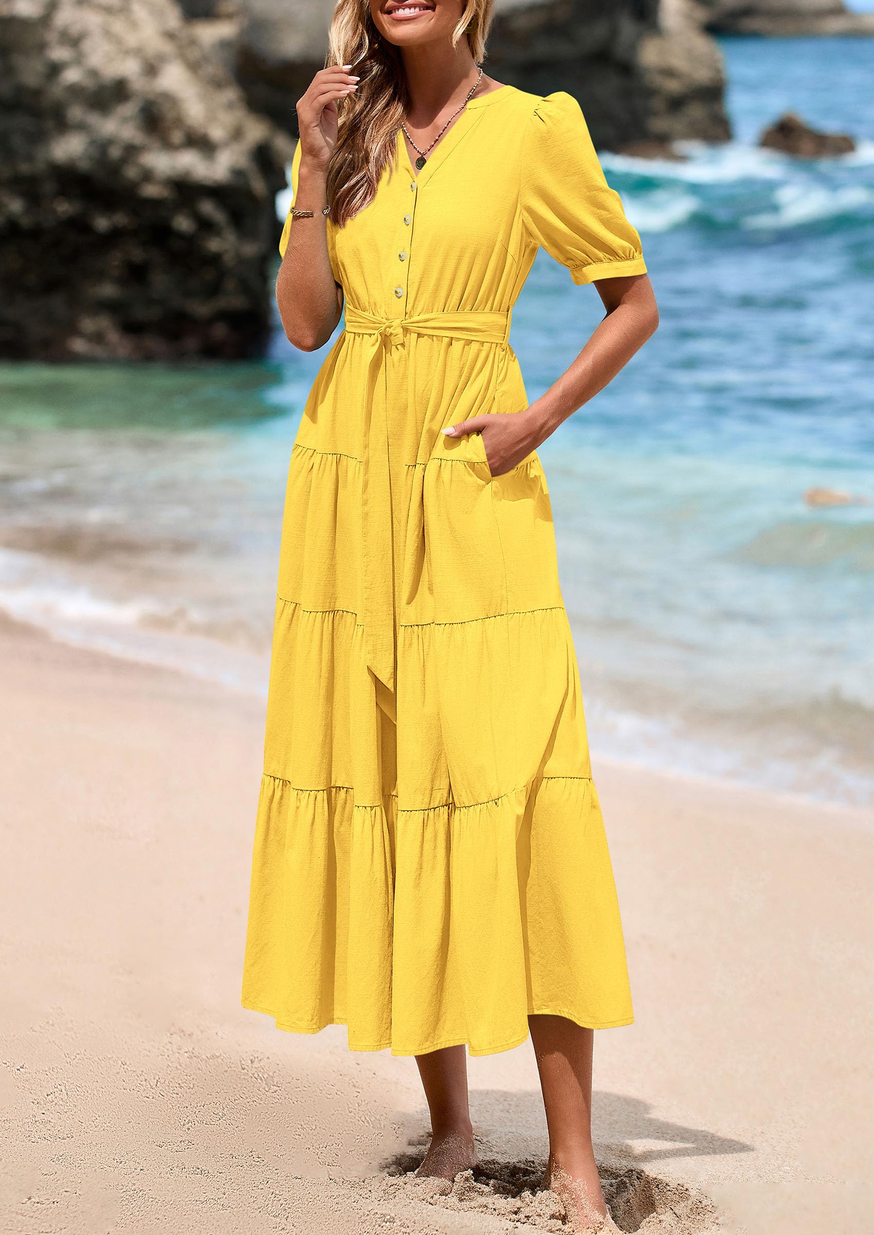 PRETTYGARDEN Summer Dresses for Women 2026 Elegant Classy Short Sleeve V Neck Ruffle A Line Belted Long Beach Vacation Dress (Yellow,XX-Large)