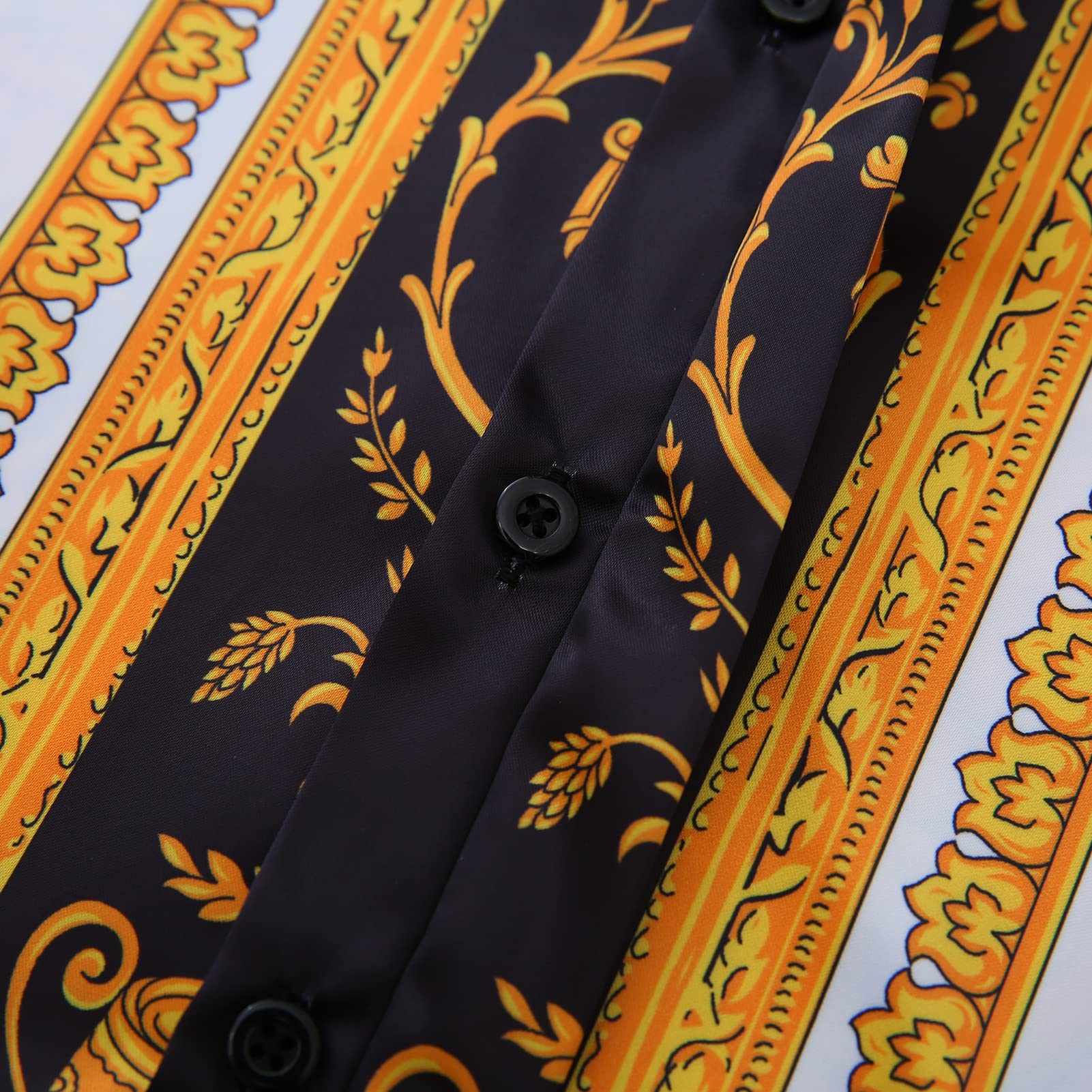 GSBOGOSSE Men Gold Fashion Luxury Printed Satin Long Sleeve Button-Down Shirts Flashy Retro Gorgeous Design Party Gift Shirt