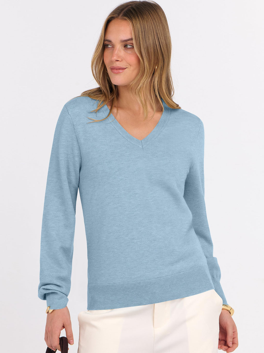 ANRABESS Womens Long Sleeve V Neck Sweaters 2025 Fall Casual Classic Soft Loose Fit Basic Pullover Jumper Top Light Blue Medium