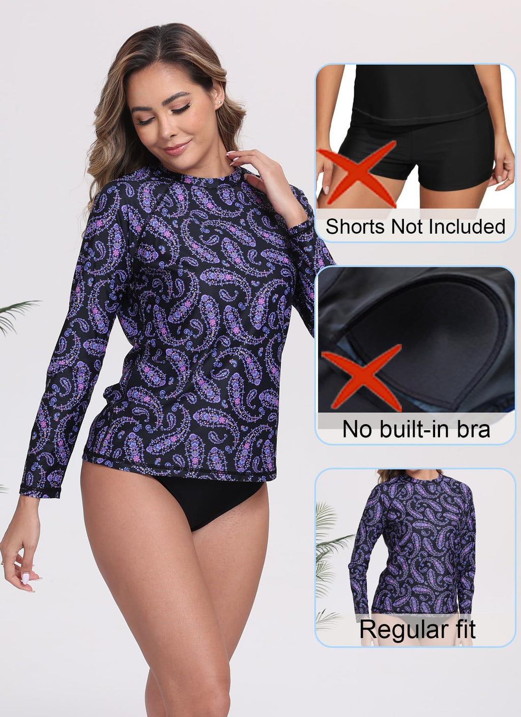 Halcurt Women's Long Sleeve Rash Guard Swim Shirts Quick Dry UPF50+ UV Sun Protection Swimsuit Top Black Purple Paisley M