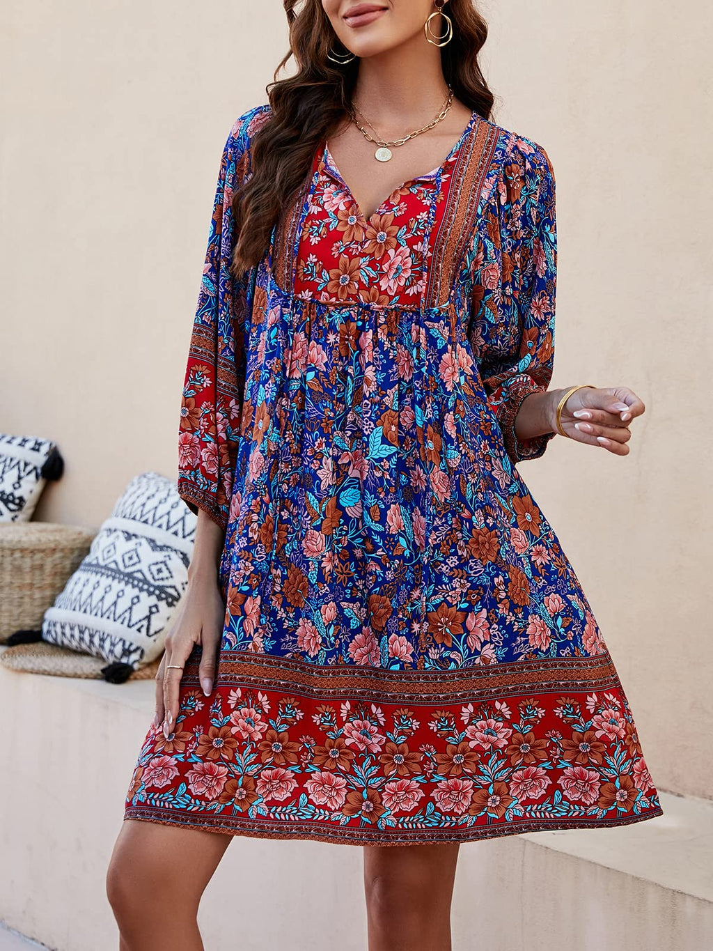 Qearal Womens Dresses Summer Floral Printed Tunic Dress 3/4 Sleeve Cover Up Dress Dark Blue XL