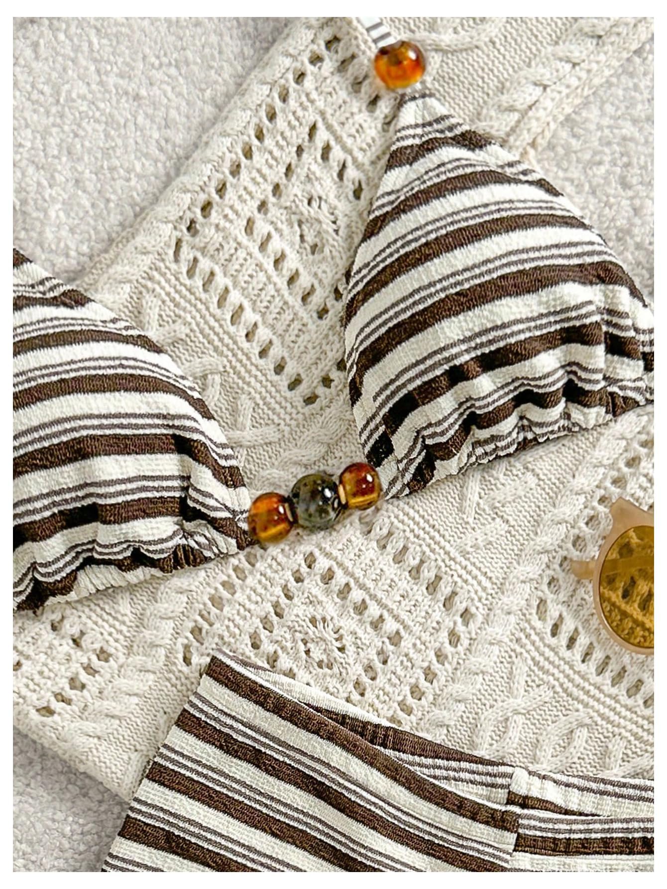 WDIRARA Women's Striped Halter Bikini Set Beaded Triangle Swimsuit 2 Piece Bathing Suit Coffee Brown Medium