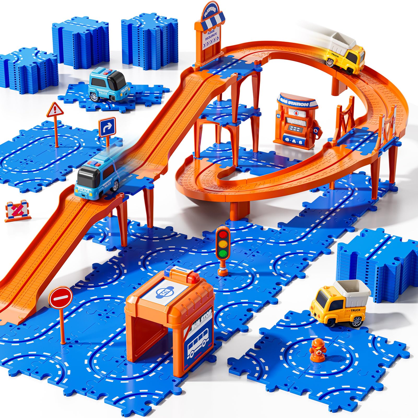 Guminnara Toddler Puzzle Race Cars Track Toys for Kids Age 3-5 2-4 Years, 59PCS Puzzles Car Track Set Includes 2 Cars and Road Signs, Educational Birthday Gifts for Kids, Boys and Girls