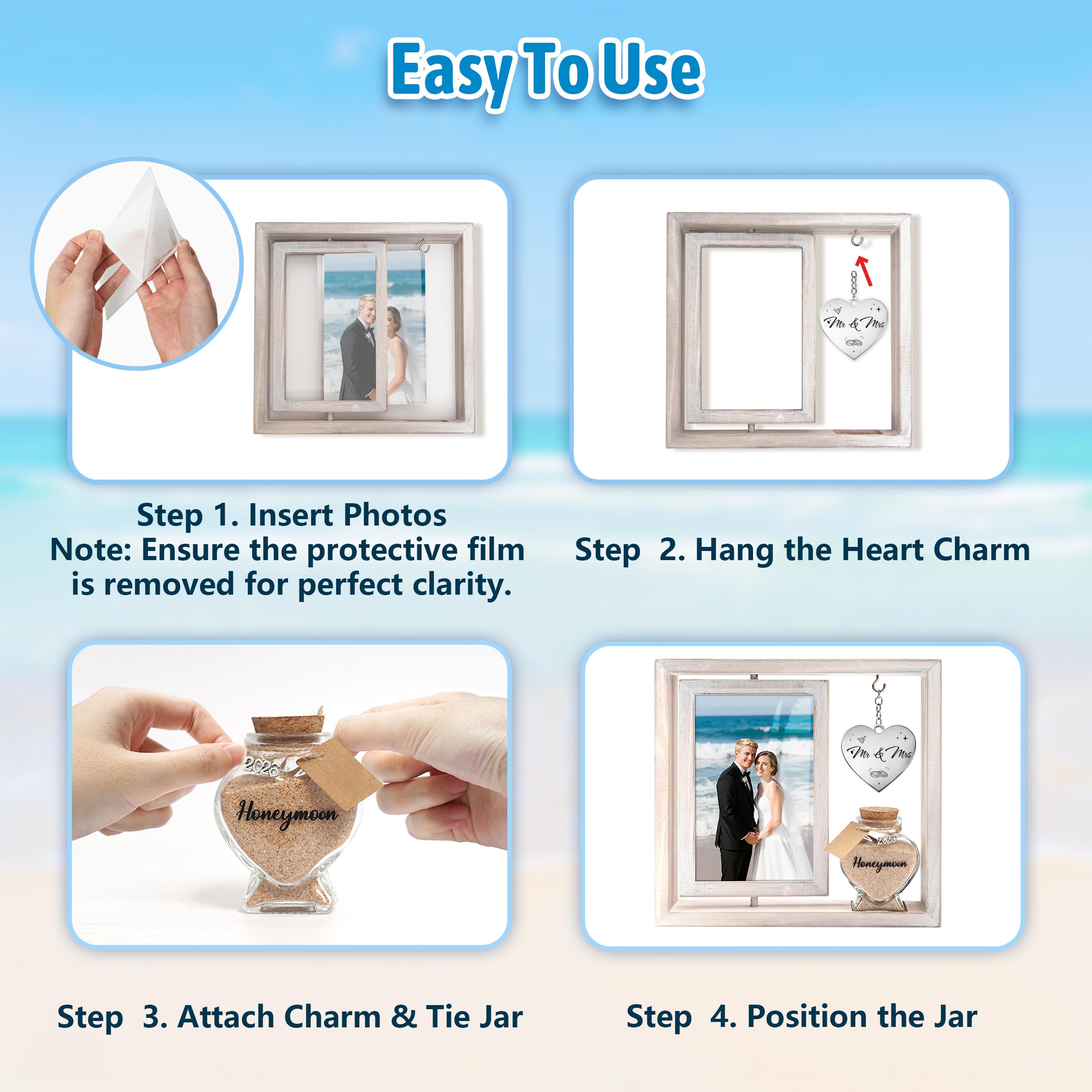 Wedding Gifts for Couples – 360° Rotating Double-Sided Picture Frame with Honeymoon Sand Keepsake Jar, Holds Two 4x6 Photos, Ideal for Bridal Shower, Mr & Mrs Engagement and Newlywed Gift Set (Mr&Mrs-White)