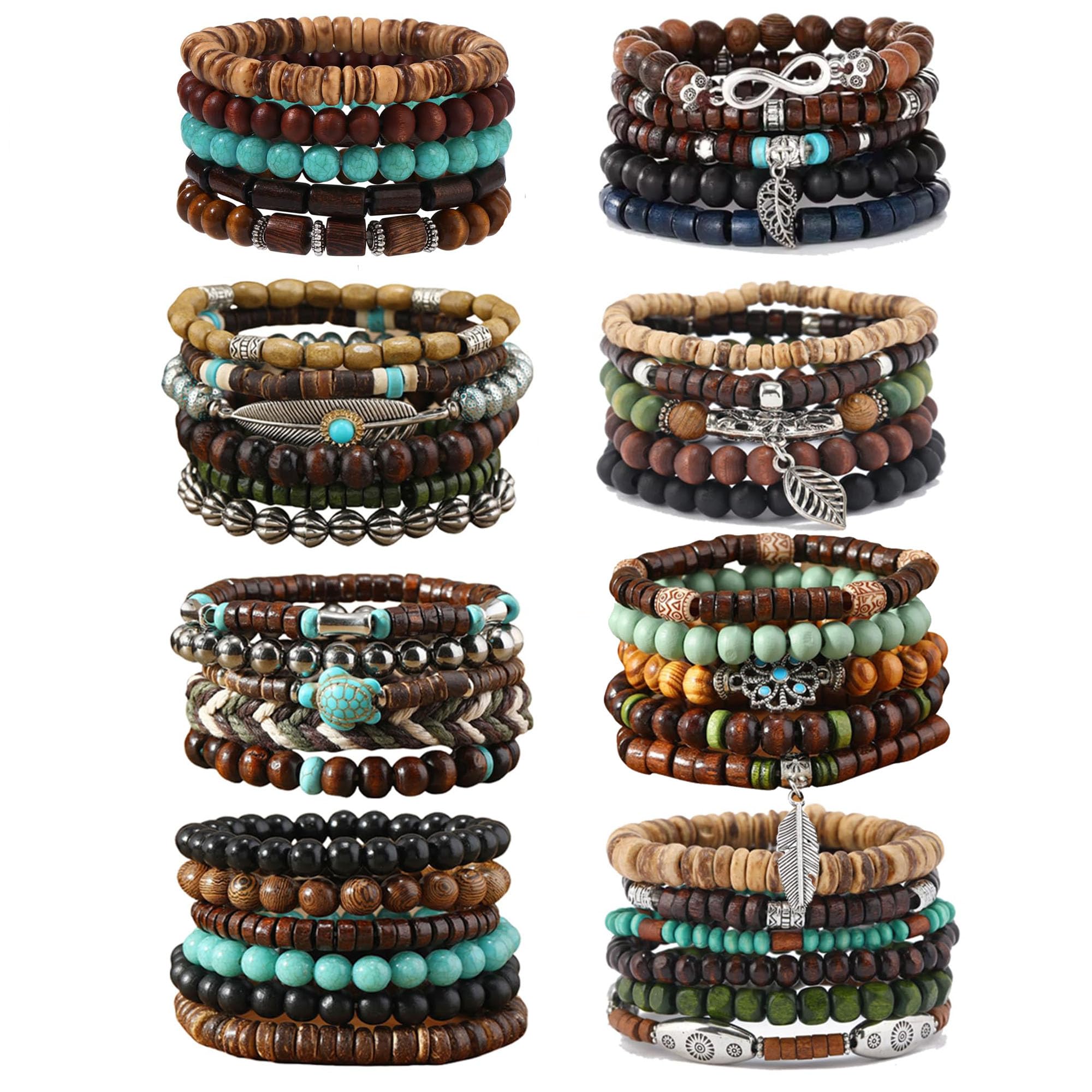 SONNYX 43Pcs Punk Wooden Beads Bracelets Gothic Bracelet for Men Adjustable Vintage Beaded Bracelet Metal Set Wood Bangles Wristbands Commemorative Gift