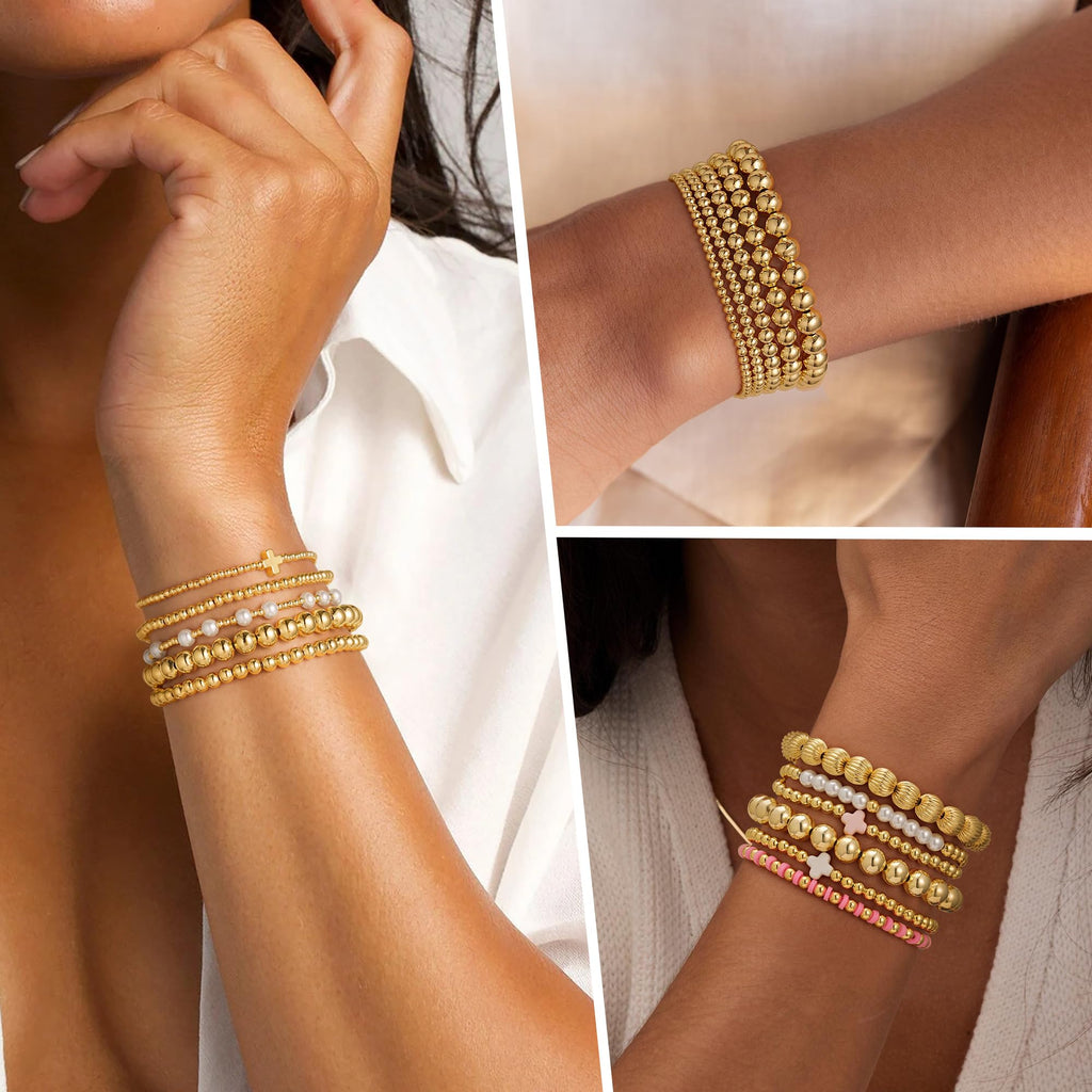 Yoosteel Gold Beaded Bracelets Set for Women - Valentines Gifts for Her Kids 14k Gold-Plated Dainty Round Bead Cross Pearl Bracelet for Women Teenage Girl Gifts Stackable Bracelet Jewelry 5 PCS