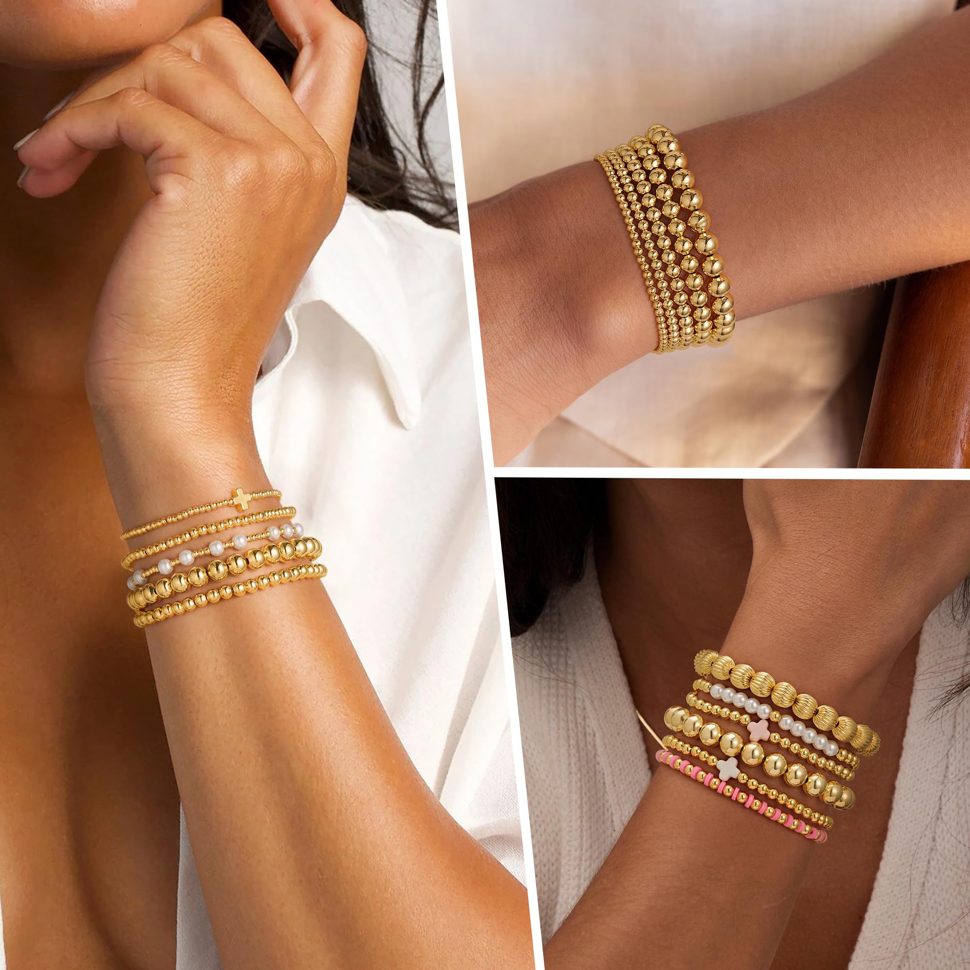 Yoosteel Gold Beaded Bracelets Set for Women - Valentines Gifts for Her Kids 14k Gold-Plated Dainty Round Bead Cross Pearl Bracelet for Women Teenage Girl Gifts Stackable Bracelet Jewelry 5 PCS