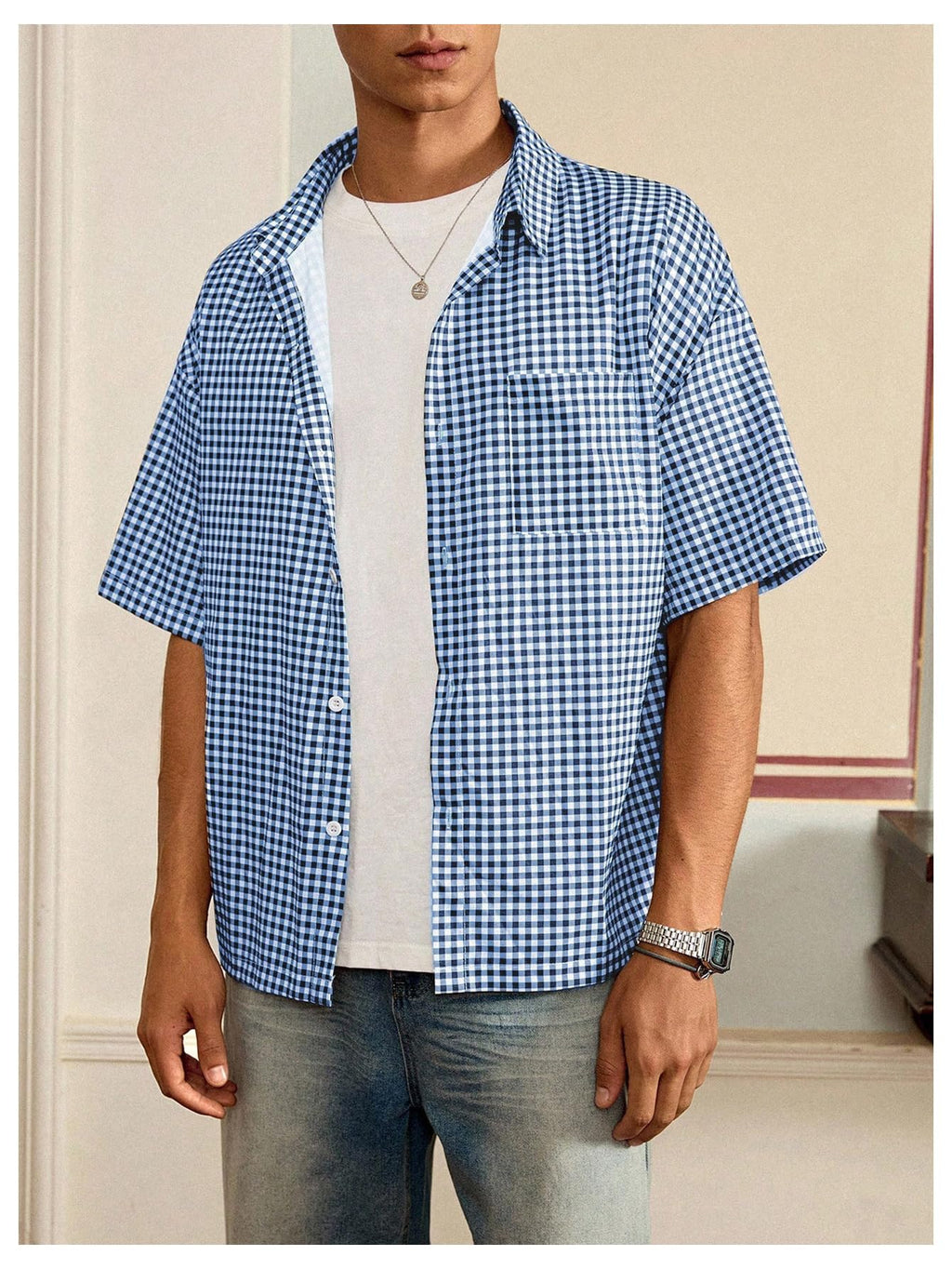 GORGLITTER Men's Plaid Button Up Crop Top Shirt Gingham Short Sleeve Tee Shirts Blue and White Small