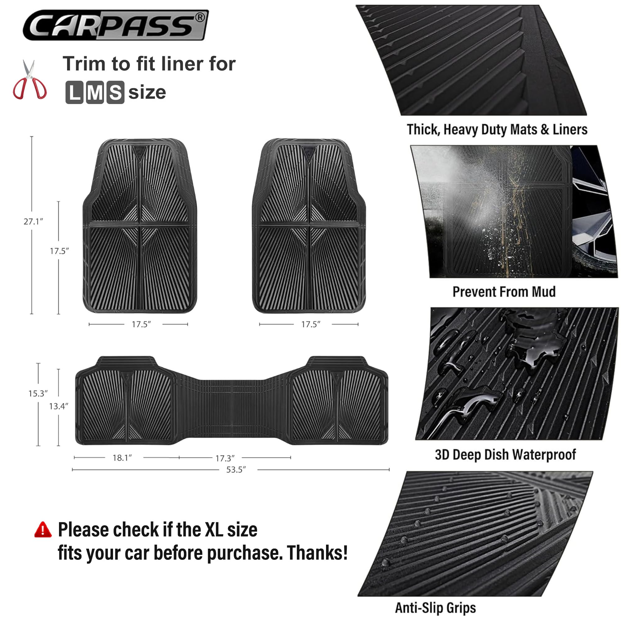 CAR PASS Rubber Floor Mats, All Weather Waterproof Trim-to-Fit Automotive Mats for Cars Trucks SUV, Anti-Slip Easy Clean, Heavy Duty Full Set 3-Piece, All Black