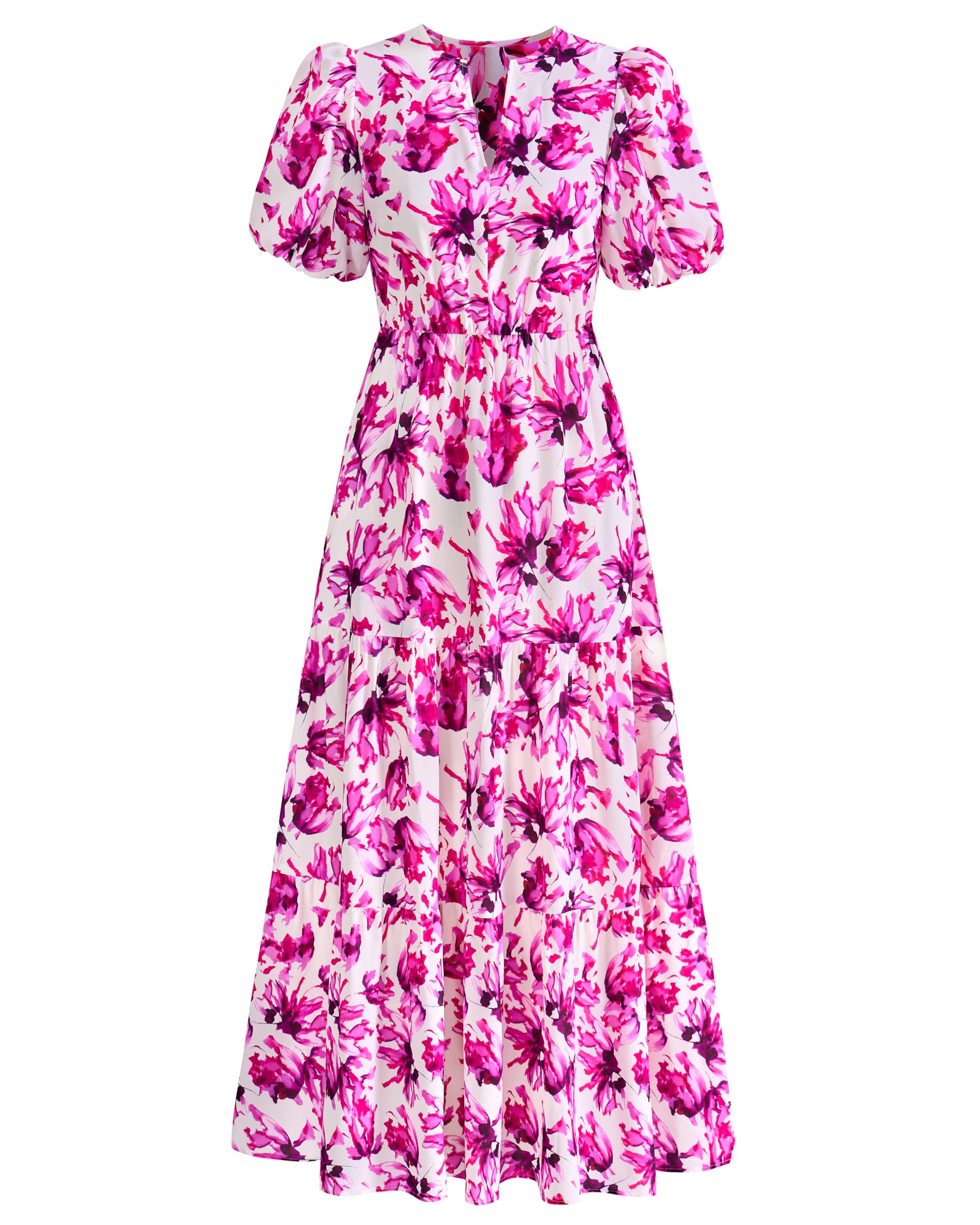 dowerme Womens Summer Dresses 2026 Casual Puff Short Sleeve V Neck Floral Boho Tiered Ruffle Maxi Dress with Pockets(White Purple Pink,Small)