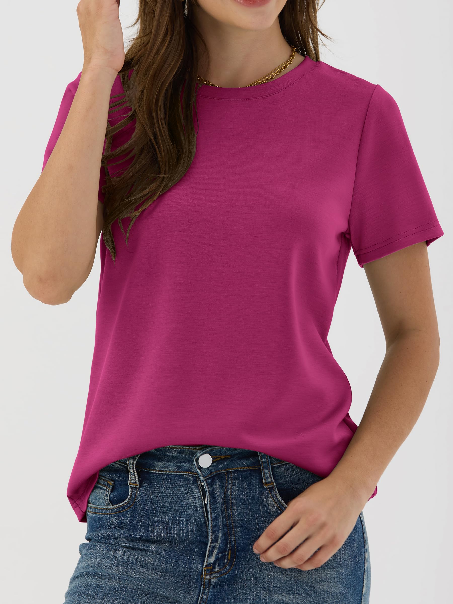ANRABESS Women Short Sleeve Tops Summer Basic Tee Wrinkle-Free Trendy Cute T Shirts 2026 Spring Business Casual Outfits Hot Pink Large
