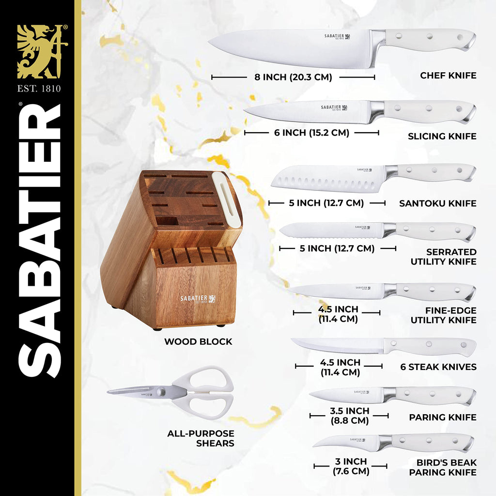 Sabatier Acacia Forged Triple Rivet Edgekeeper Knife Block Set, 15-Piece, White
