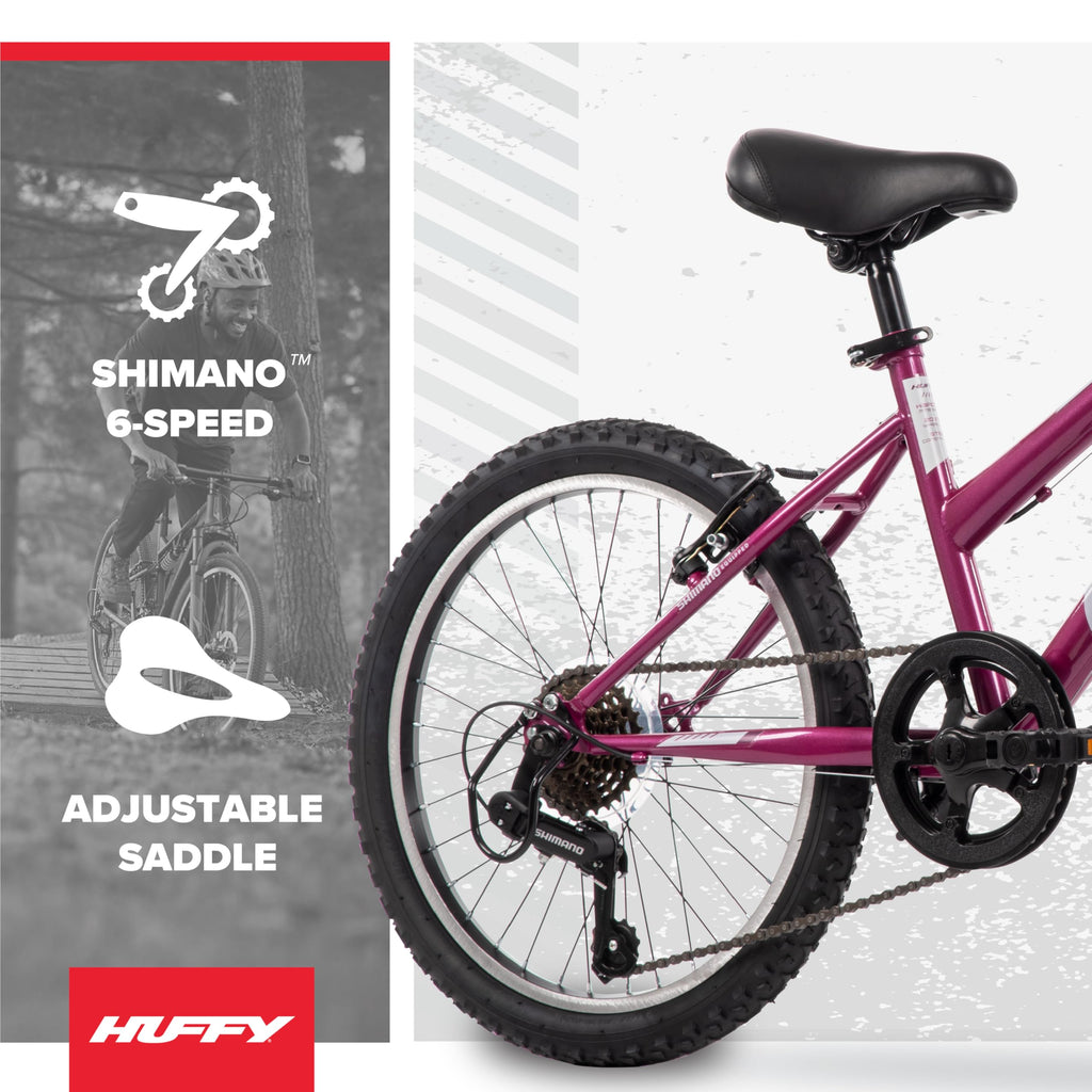 Huffy Stone Mountain Womens 20 Inch Mountain Bike, Orchid Gloss Frame, 6-Speed Shimano Twist Shifting, Front Suspension, Comfort Saddle | 20"/24"/26" Sizes, 6-21 Speeds, Dual Suspension Available