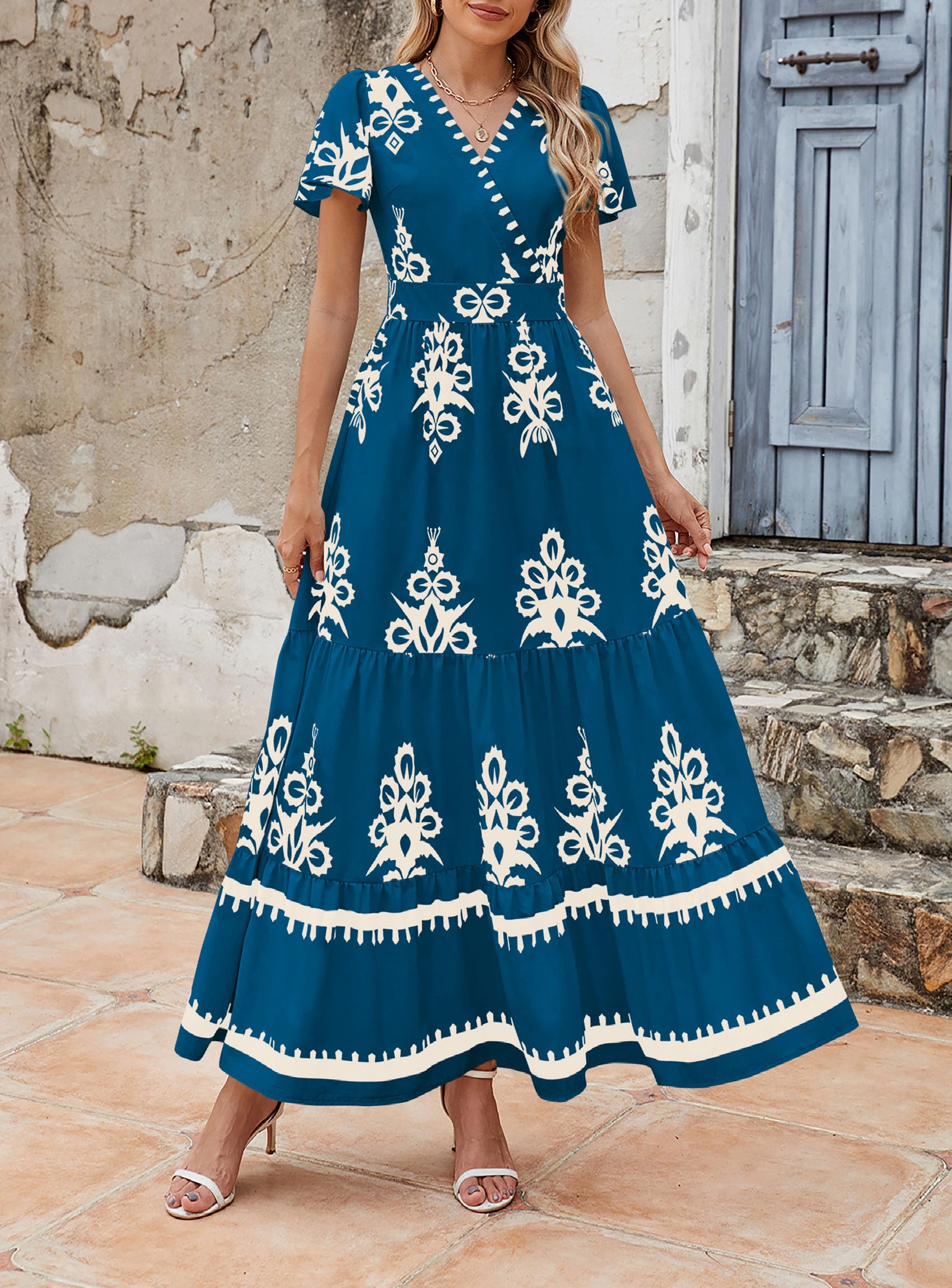 PRETTYGARDEN Womens 2026 Summer Casual V Neck Boho Maxi Dress Flowy Aline Bell Sleeve Tiered Floral Dresses with Pocket (Floral Lake Blue White,XX-Large)