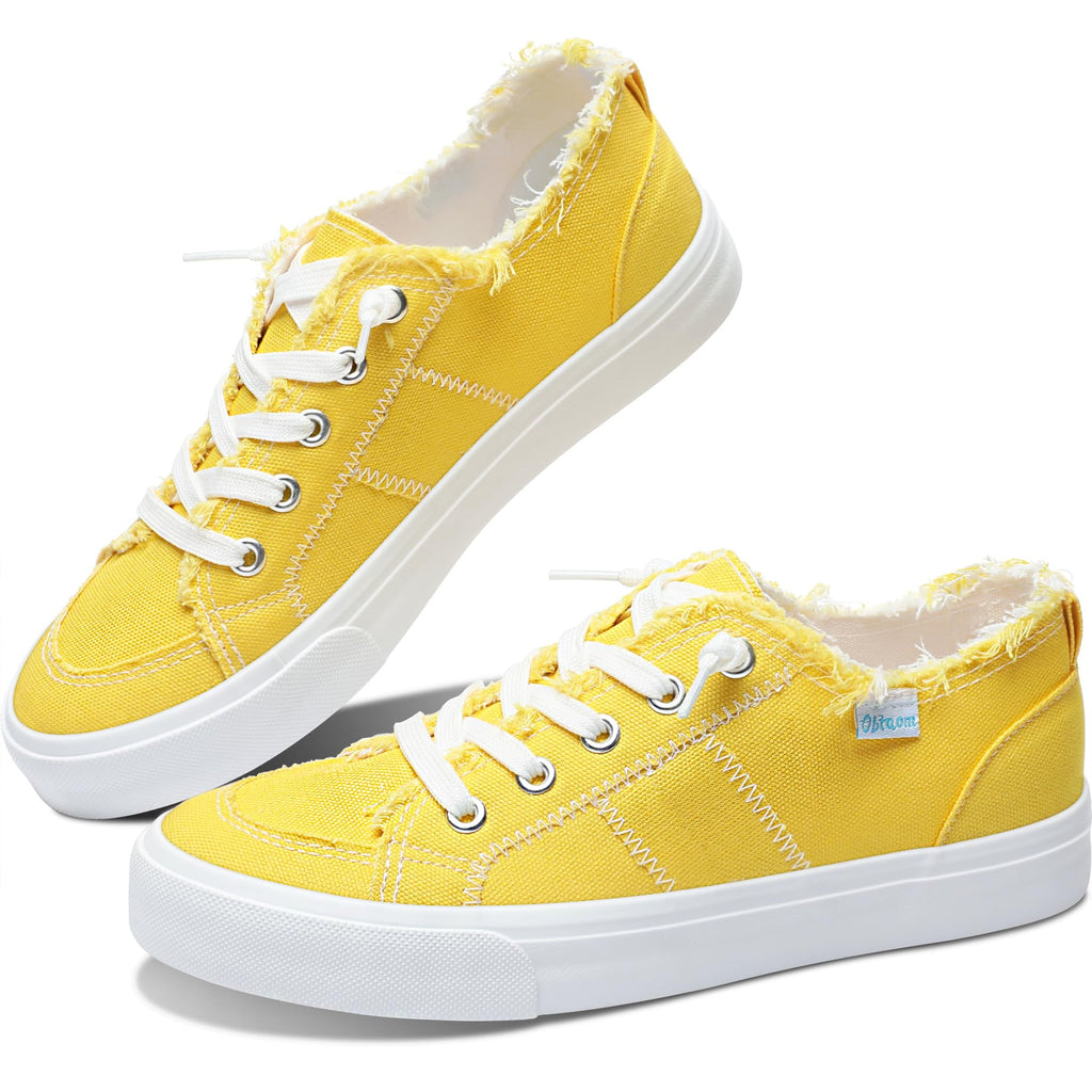 Obtaom Women's Play Fashion Sneaker Comfortable Canvas Slip on Shoes Washed Canvas Flats（Lemon Yellow，US6）