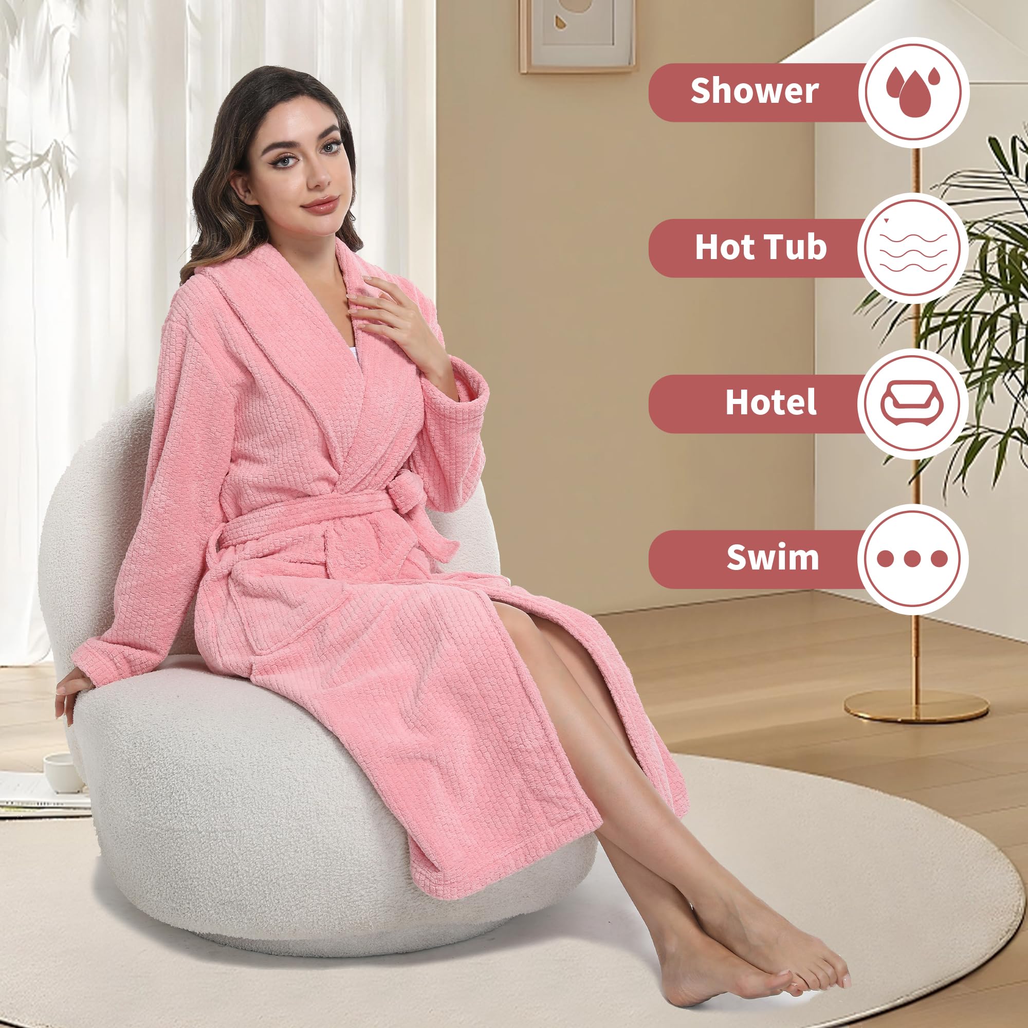 PJGGZ Women's Shawl Collar Bathrobe, Soft Long Towel Robes for Women - Super Absorbent Quick Dry Yet Warm(Light Pink, S/M)