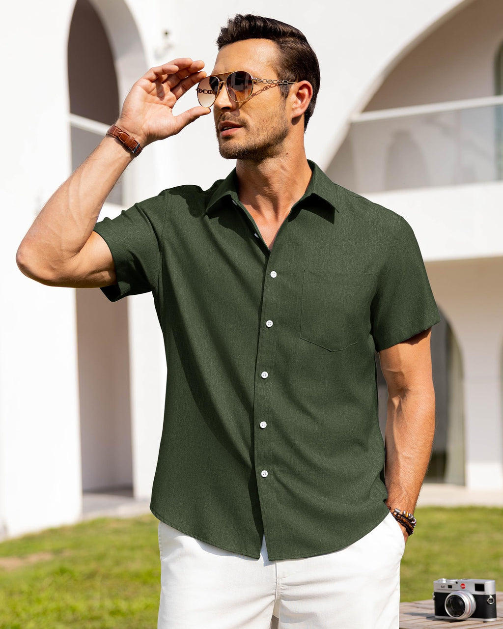 Alimens & Gentle Mens Linen Shirts Short Sleeve Button Down Shirts Wrinkle Free Casual Vacation Beach Summer Tops,Olive Green,M