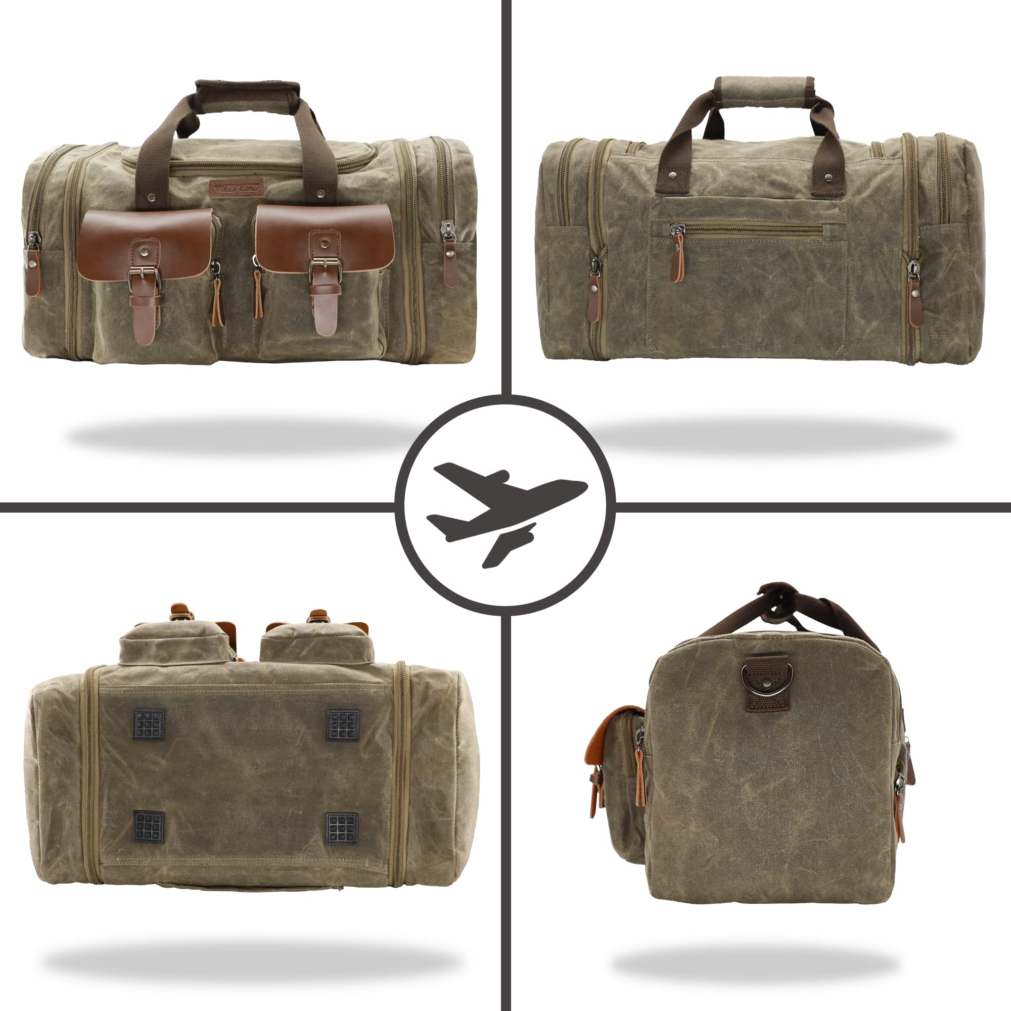 Wildroad Waxed Canvas Duffle Bag - 50L Waterproof Weekender Overnight Travel Bag