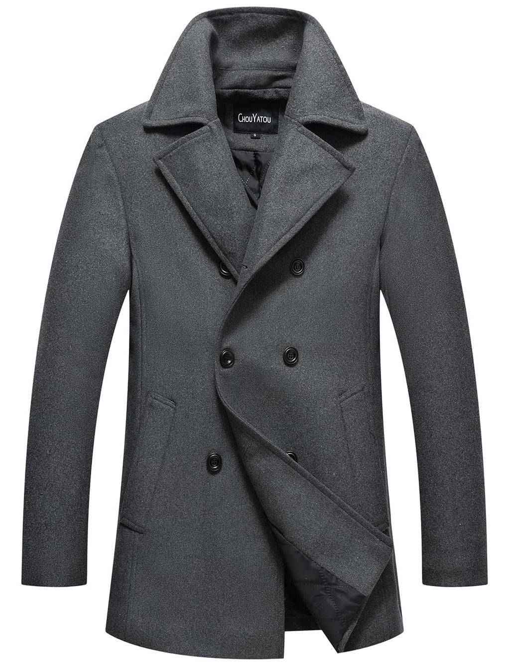 chouyatou Men's Classic Notched Collar Double Breasted Wool Blend Pea Coat (Medium, Gray)