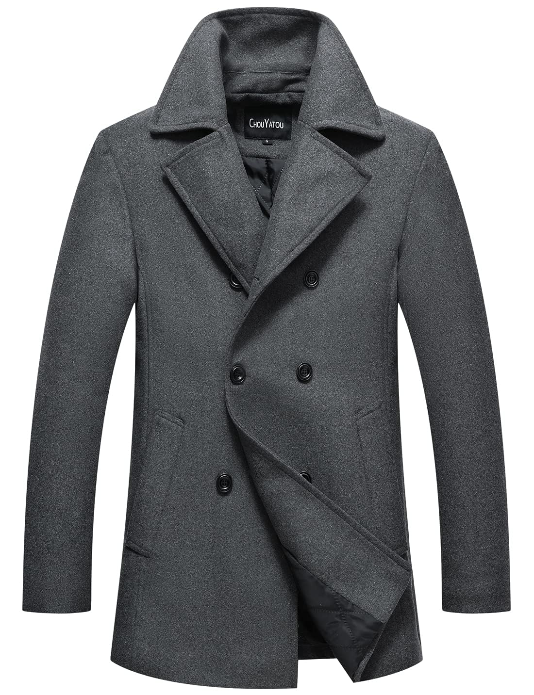chouyatou Men's Classic Notched Collar Double Breasted Wool Blend Pea Coat (Medium, Gray)