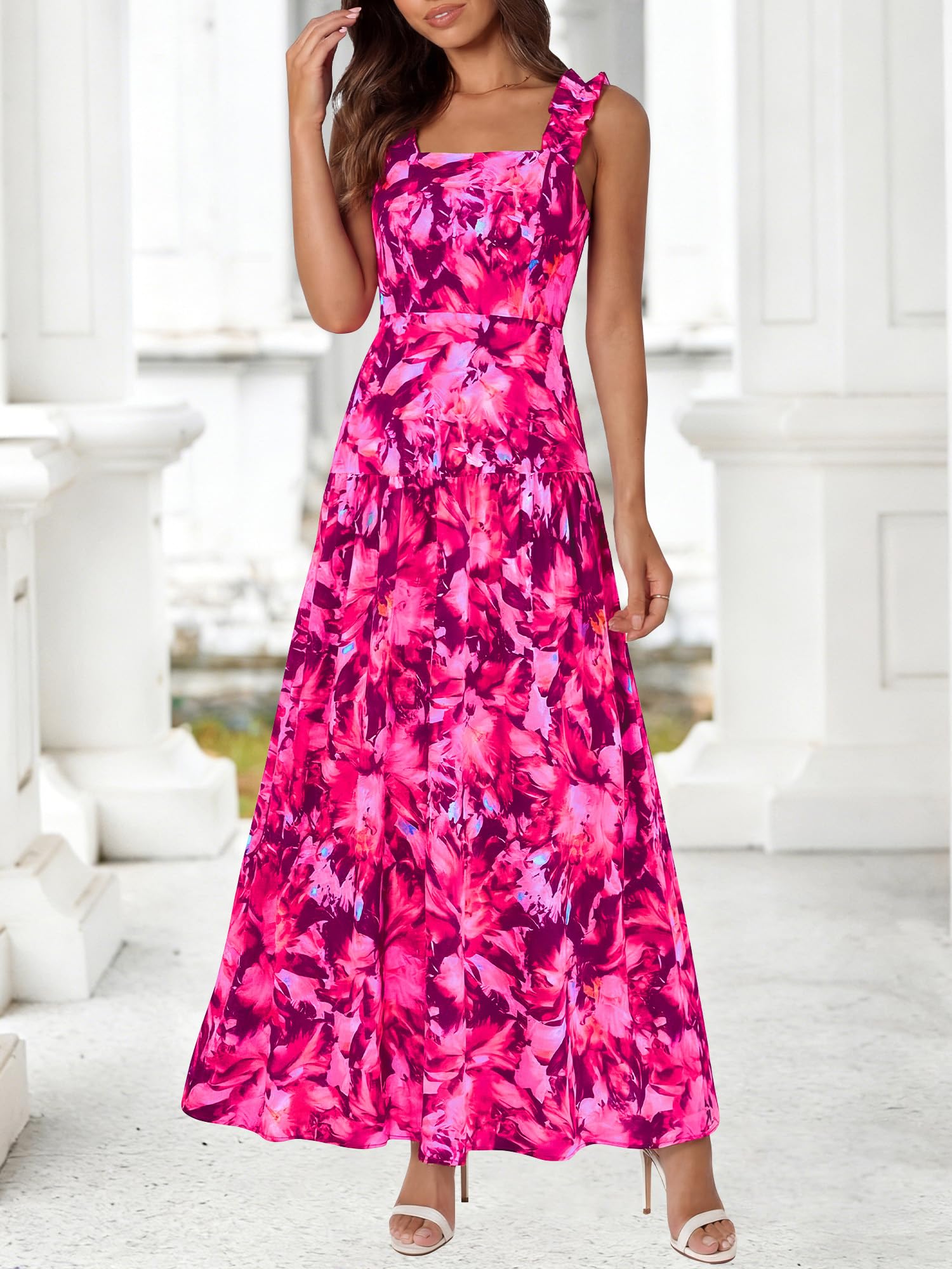 BTFBM Dresses for Women Summer 2026 Formal Sleeveless Smocked Floral Long Wedding Guest Dress Party Spring (Floral Rose Red,Large)