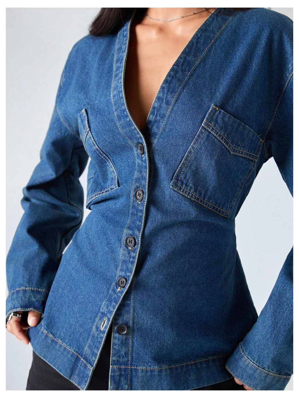 WDIRARA Women's V Neck Button Down Jean Jackets Waist Long Sleeve Denim Jacket Outerwear Blue X-Large