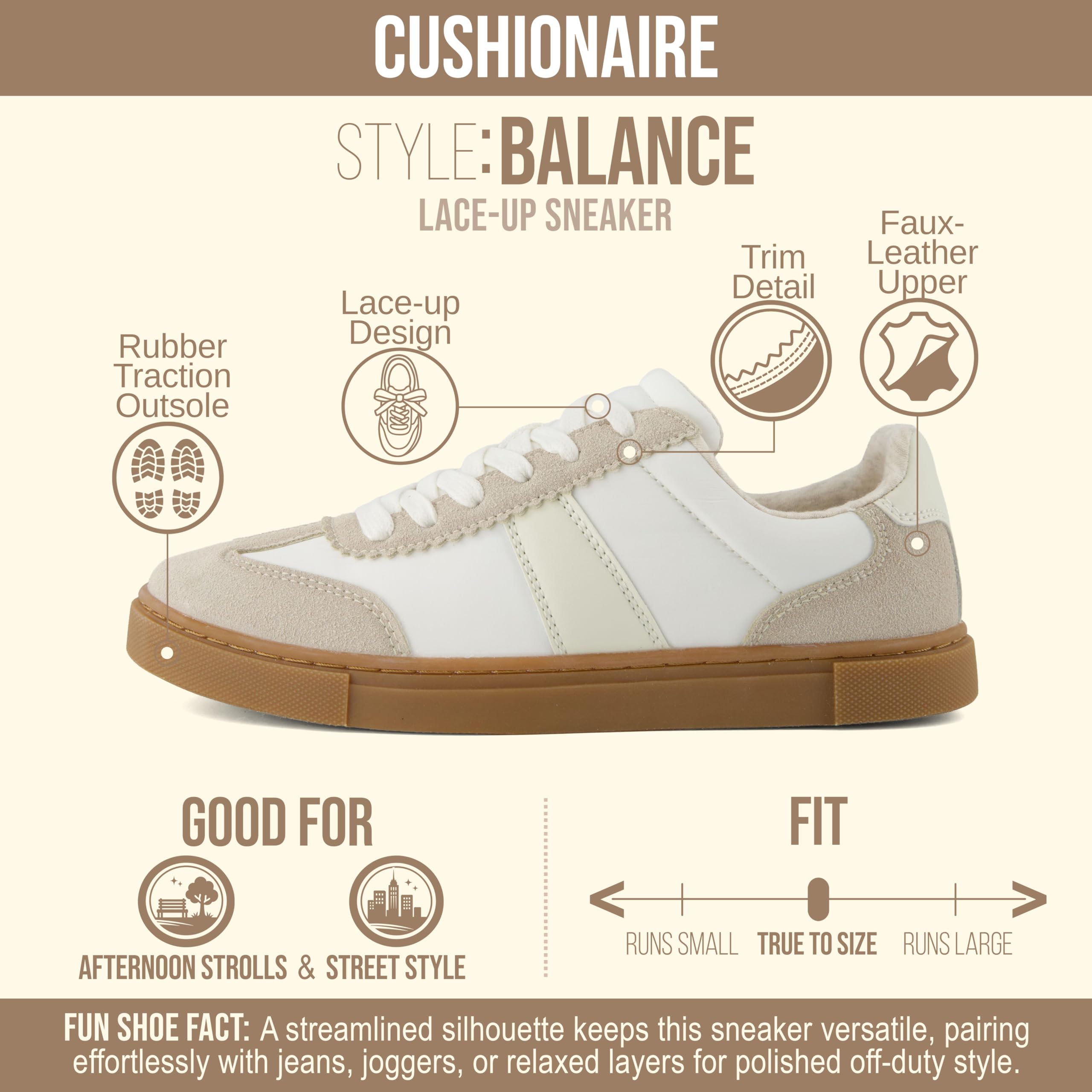 CUSHIONAIRE Balance Womens Sneakers, Casual Tennis Shoes for Women with Memory Foam and Slip Resistant Outsole, IVORY 11W