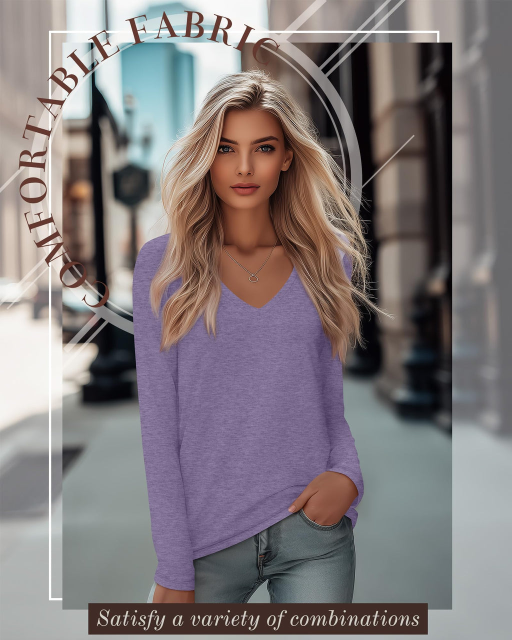 Velvelhall 4 Pack Women's Long Sleeve V Neck Shirts, Casual Loose Fit Tees Basic Tunic Tops Trendy Fall T-Shirts Outfits(Black, Brown, Light Purple, Turquoise,Large)