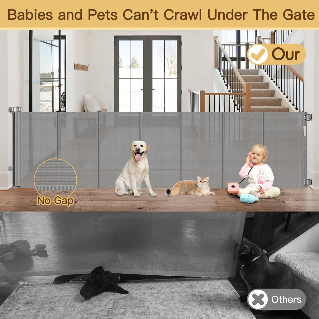 Reinforced 100 Inch Extra Long Baby Gates for Large Openings to Prevent Crawling Under, No Bottom Bar Extra Wide Retractable Baby Gate for Stairs, 8 ft Mesh Child Gate for Parent/Pet Owner Use, Gray